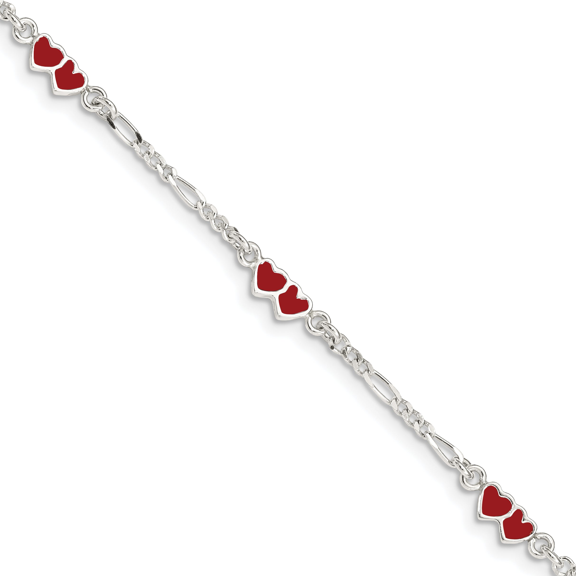 Sterling Silver Polished & Red Enameled Double Heart with 1 Inch Extension Children's Bracelet