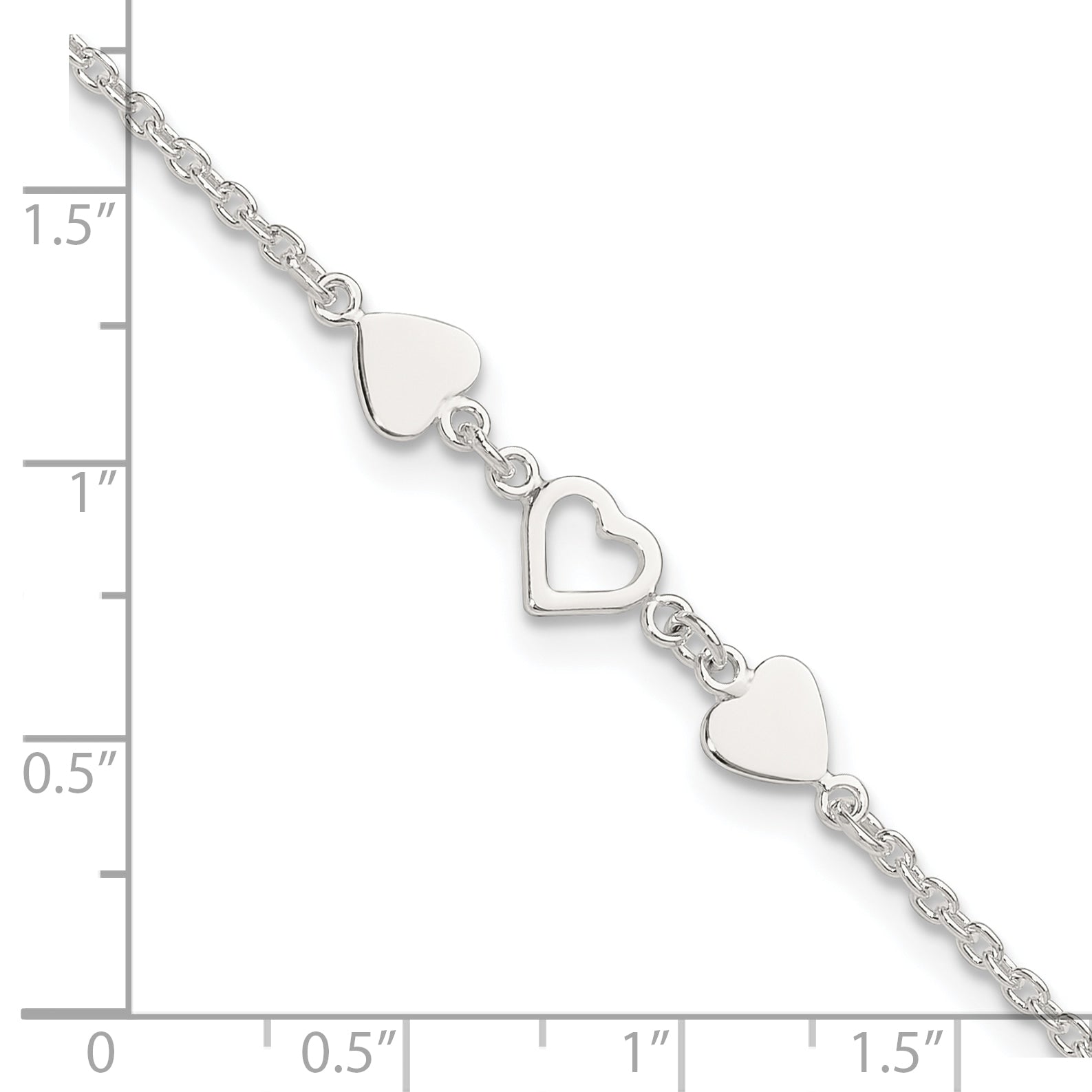 Sterling Silver 8 inch Plus 1in ext.Heart Link Anklet