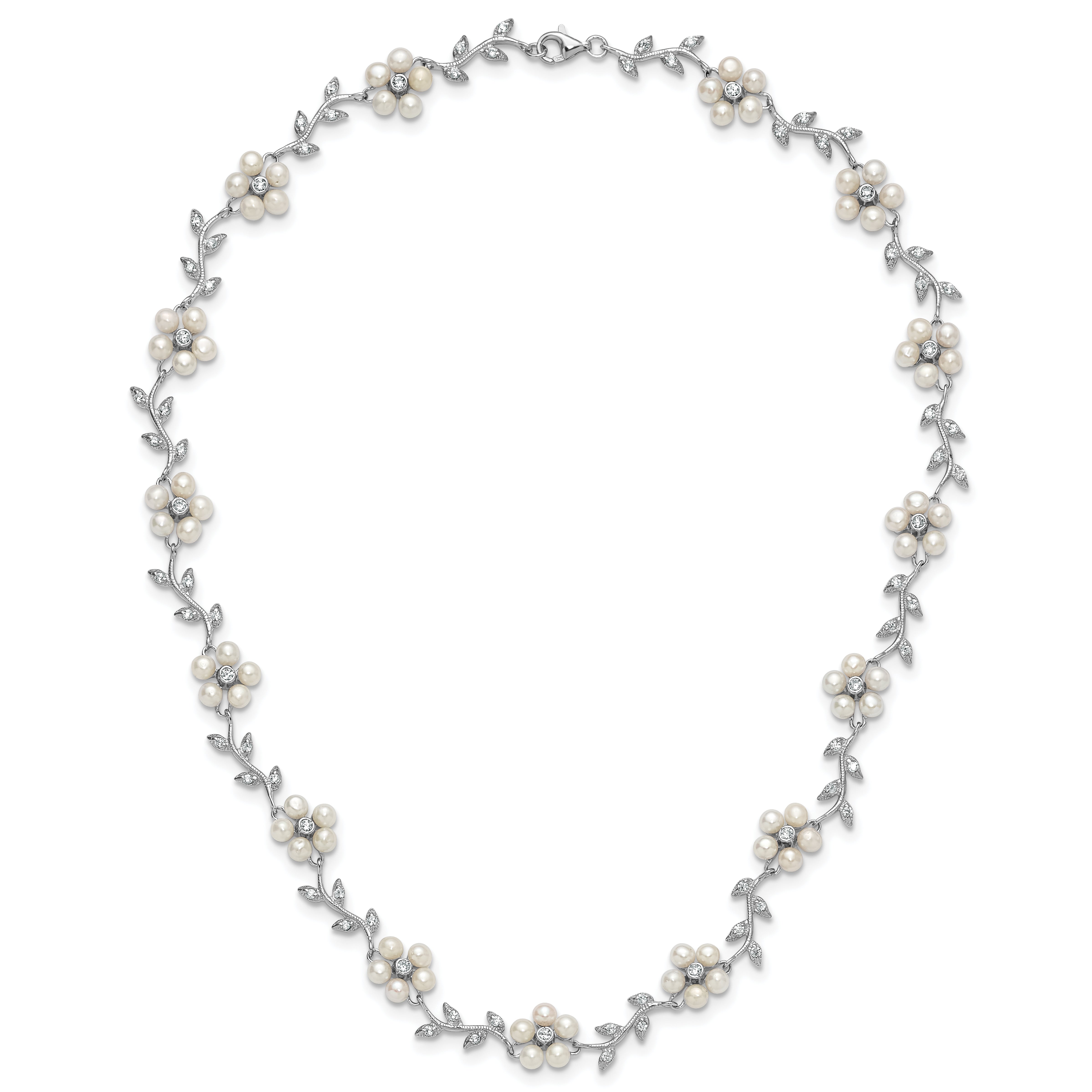 Sterling Silver Rhodium-plated CZ Vine Pattern and Fresheater Cultured Pearl Floral 16 inch Necklace