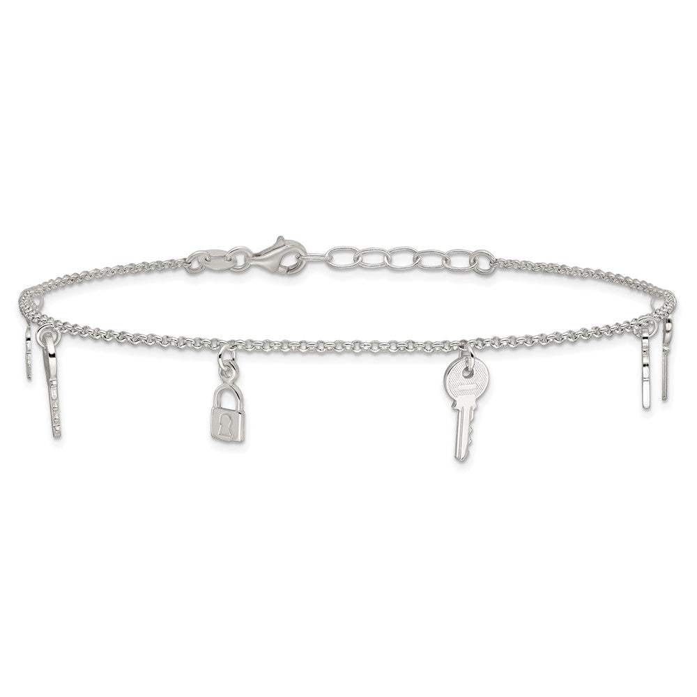 Sterling Silver Polished Lock and Key 9in Plus 1in Ext. Anklet