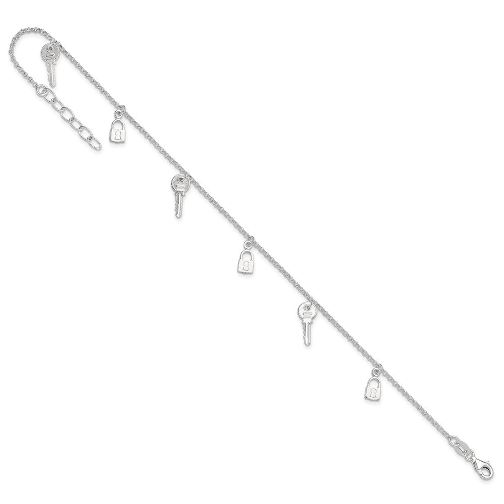 Sterling Silver Polished Lock and Key 9in Plus 1in Ext. Anklet