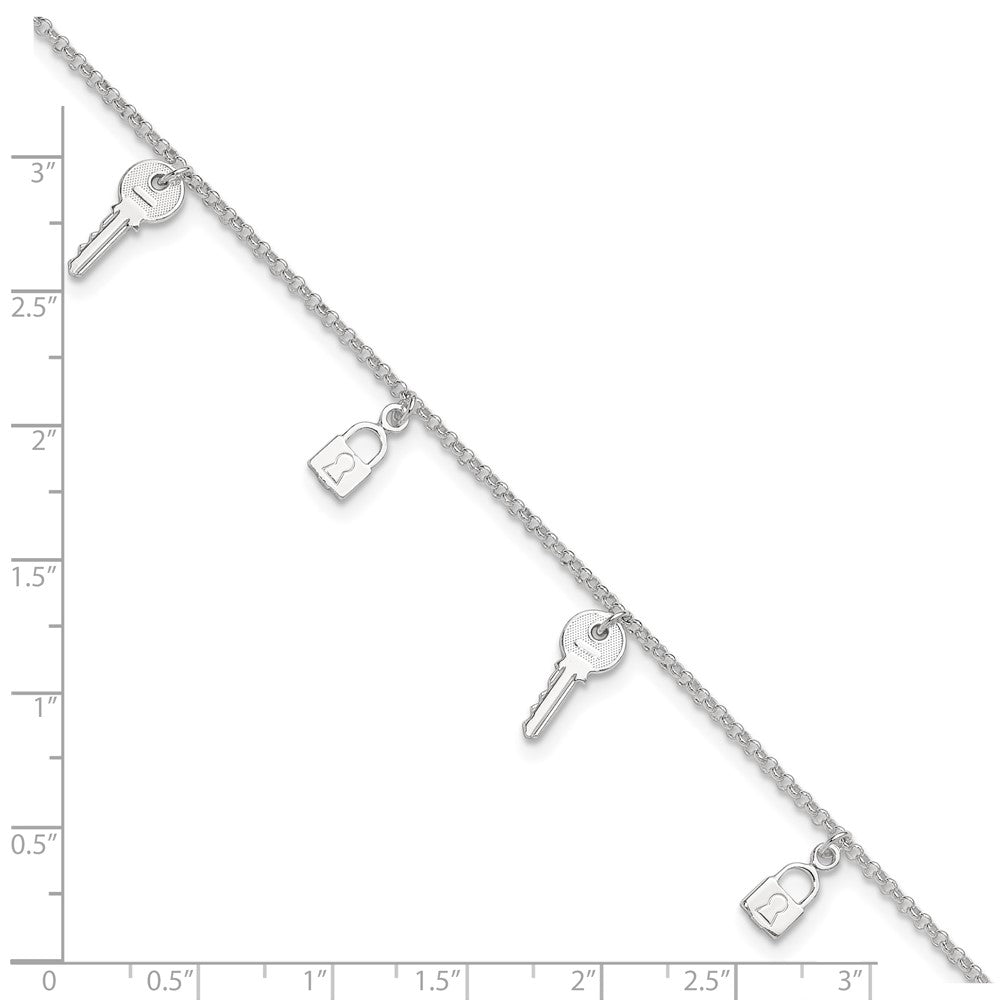 Sterling Silver Polished Lock and Key 9in Plus 1in Ext. Anklet