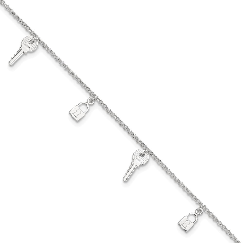 Sterling Silver Polished Lock and Key 9in Plus 1in Ext. Anklet
