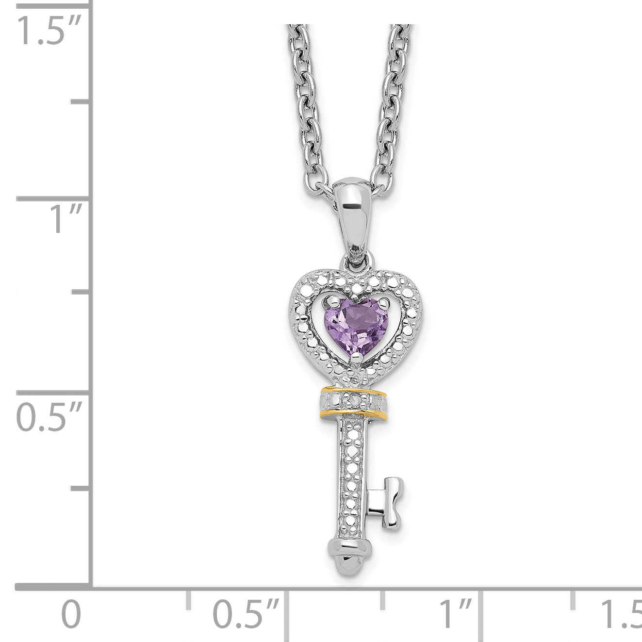 Brilliant Gemstones Sterling Silver with 14K Accent Rhodium-plated Amethyst and Diamond Key 18 Inch Necklace with 2 Inch Extender