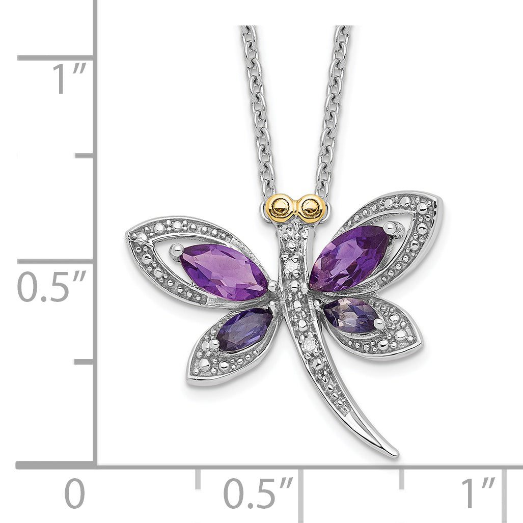 Brilliant Gemstones Sterling Silver with 14K Accent Rhodium-plated Amethyst and Iolite and Diamond Dragonfly 18 Inch Necklace with 2 Inch Extender