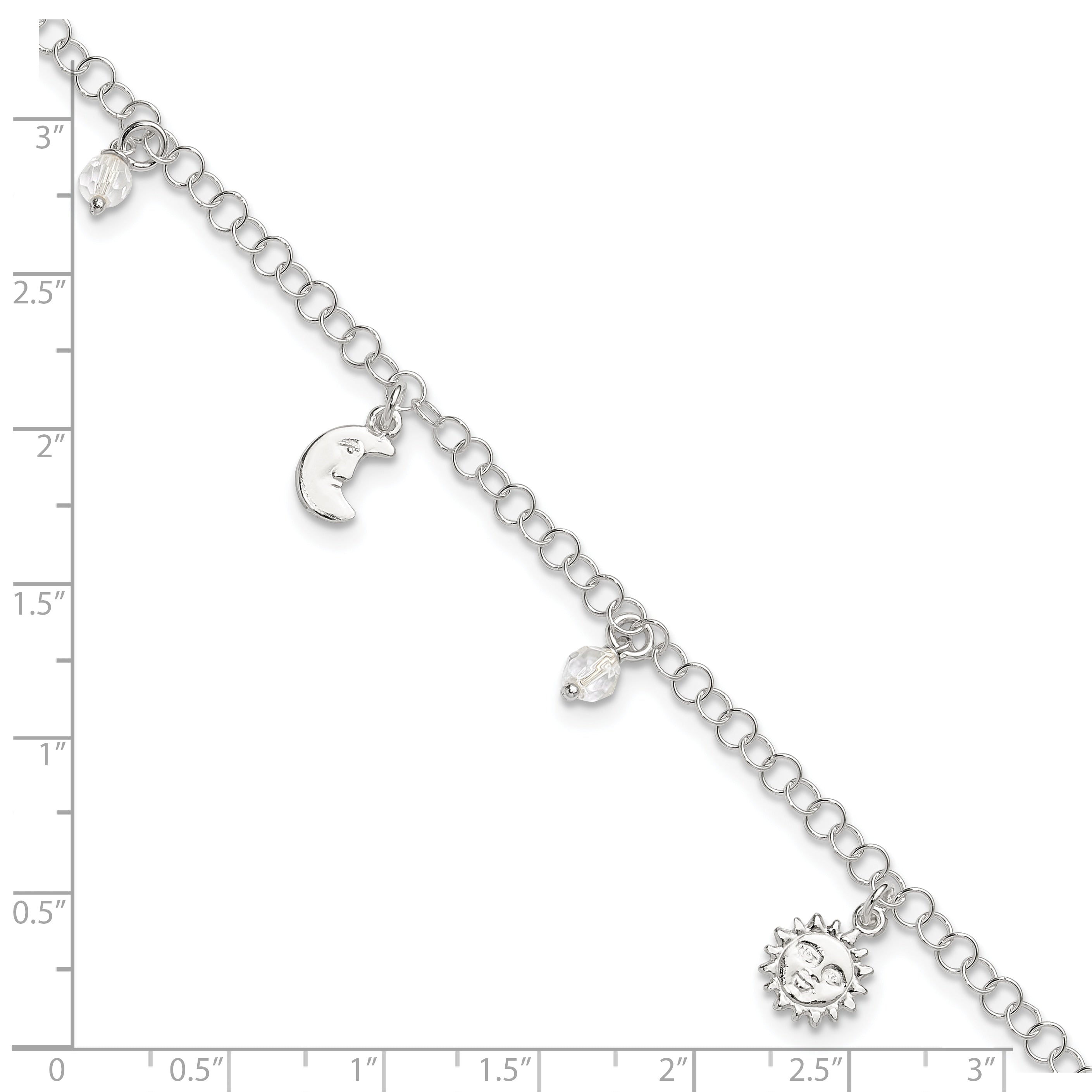 Sterling Silver Polished Sun Moon and Stars 9in Plus 1in Ext. Anklet