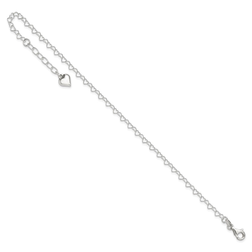 Sterling Silver Polished Puffed Heart 9in Plus 1in ext. Anklet