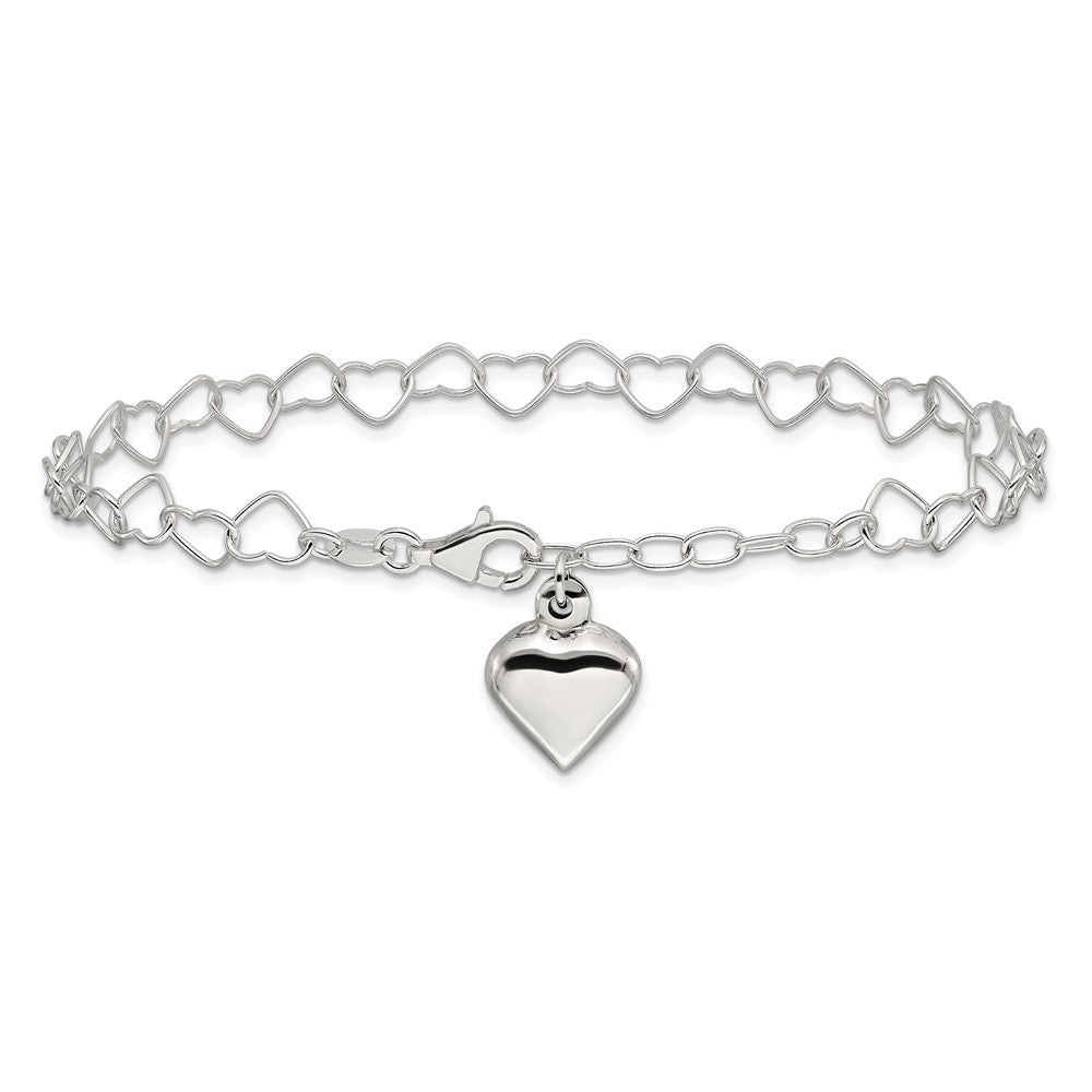 Sterling Silver Polished Puffed Heart 9 in Plus 1in ext. Anklet