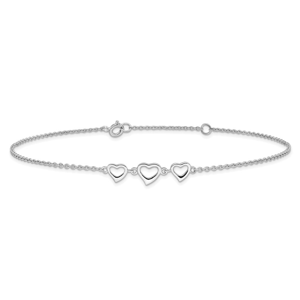 Sterling Silver Rhodium-plated 10 in Plus1 in ext Three Hearts Anklet