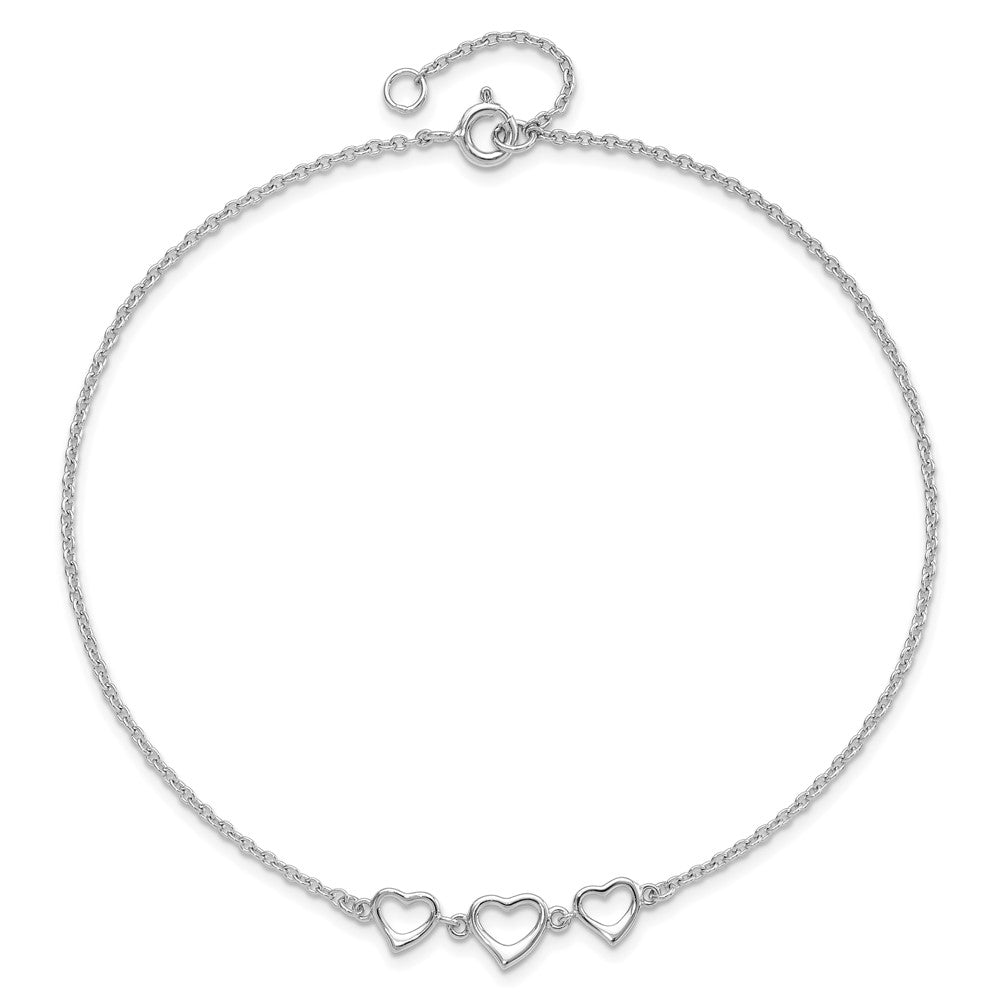 Sterling Silver Rhodium-plated 10 in Plus1 in ext Three Hearts Anklet