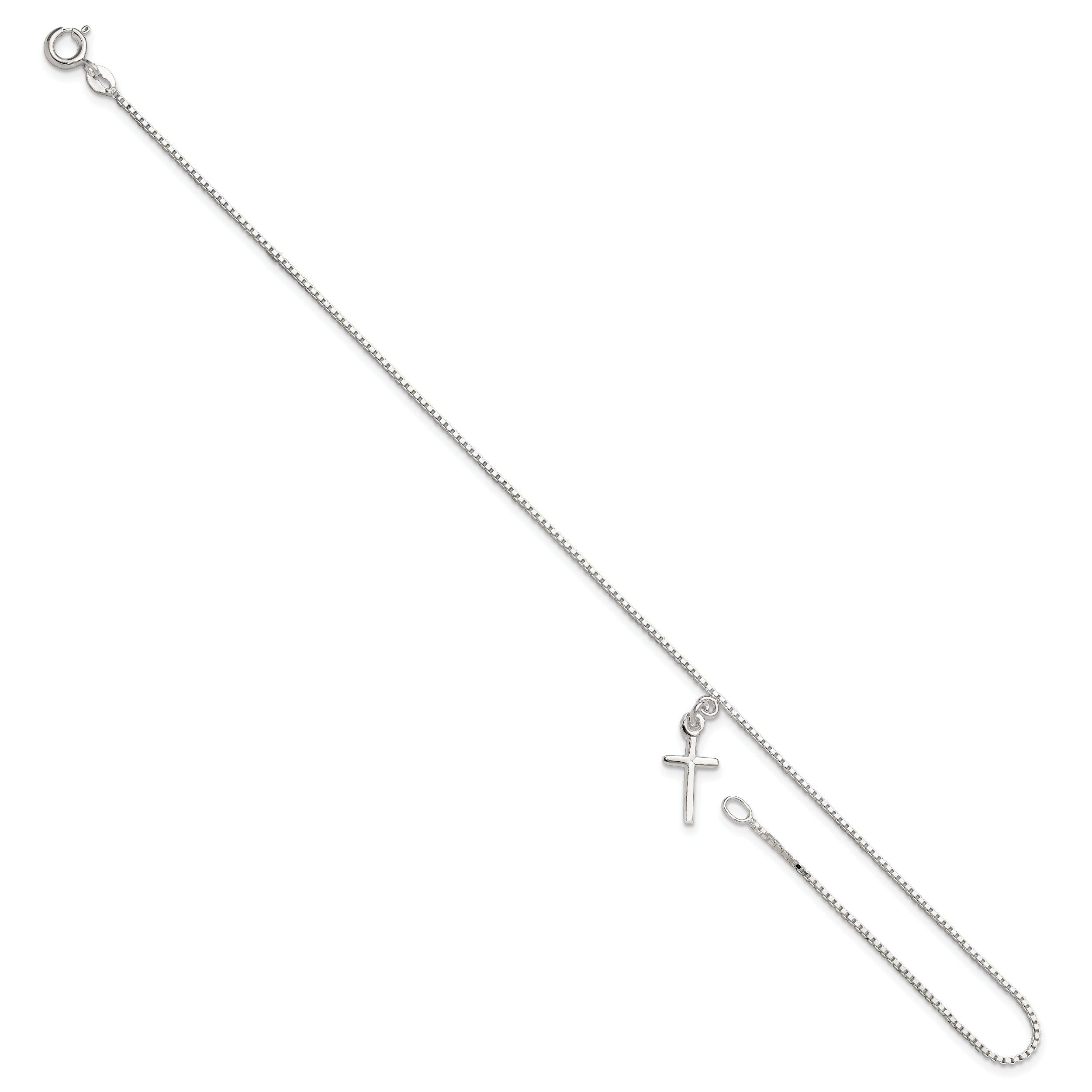 Sterling Silver 10 in Solid Polished Cross on Box Chain Anklet