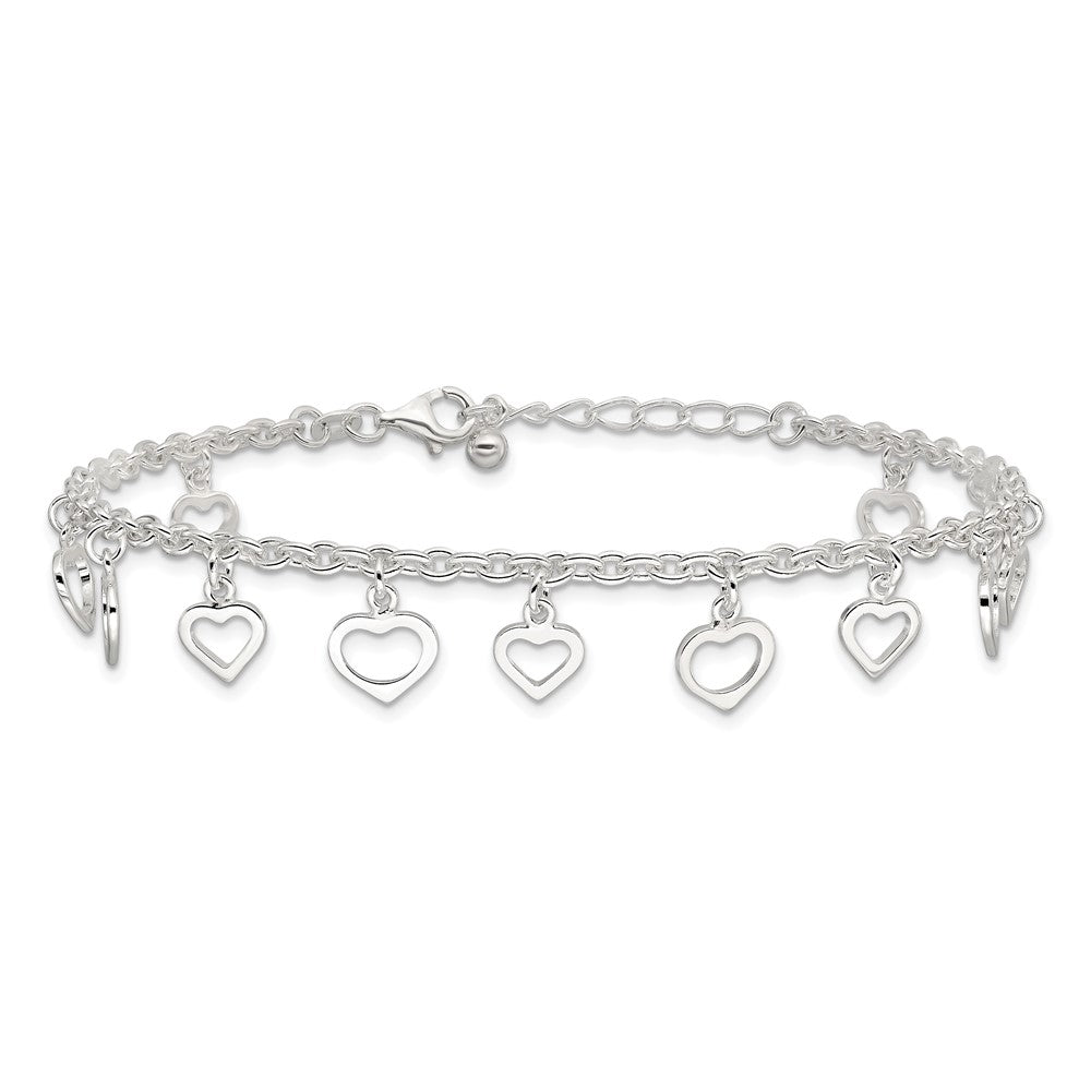 Sterling Silver 8 in Plus 1in Ext Polished Heart Anklet
