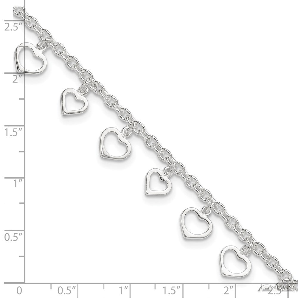 Sterling Silver 8 in Plus 1in Ext Polished Heart Anklet