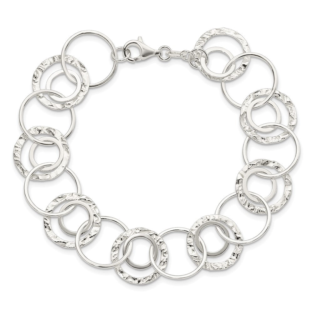 Sterling Silver Polished Textured Fancy Circle Link Bracelet
