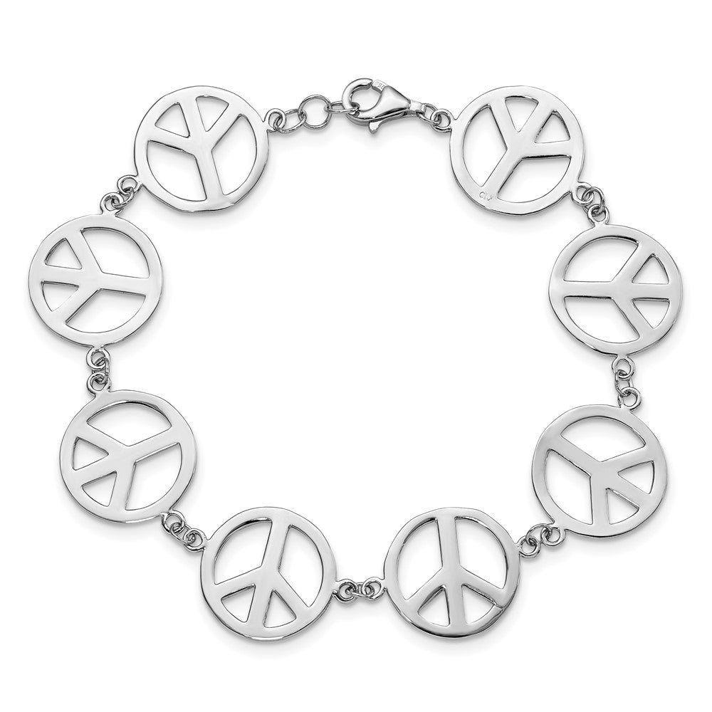 Sterling Silver Rhodium-plated 7.25in Peace Symbol Bracelet