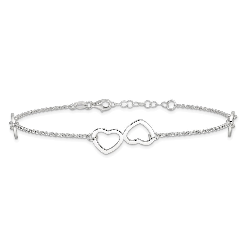 Sterling Silver Polished Heart 9in Plus 1in ext. Anklet
