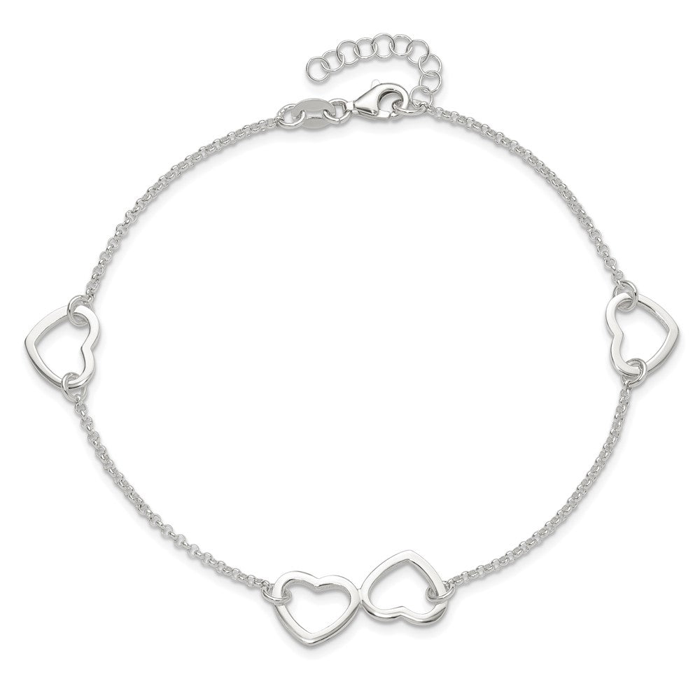 Sterling Silver Polished Heart 9in Plus 1in ext. Anklet