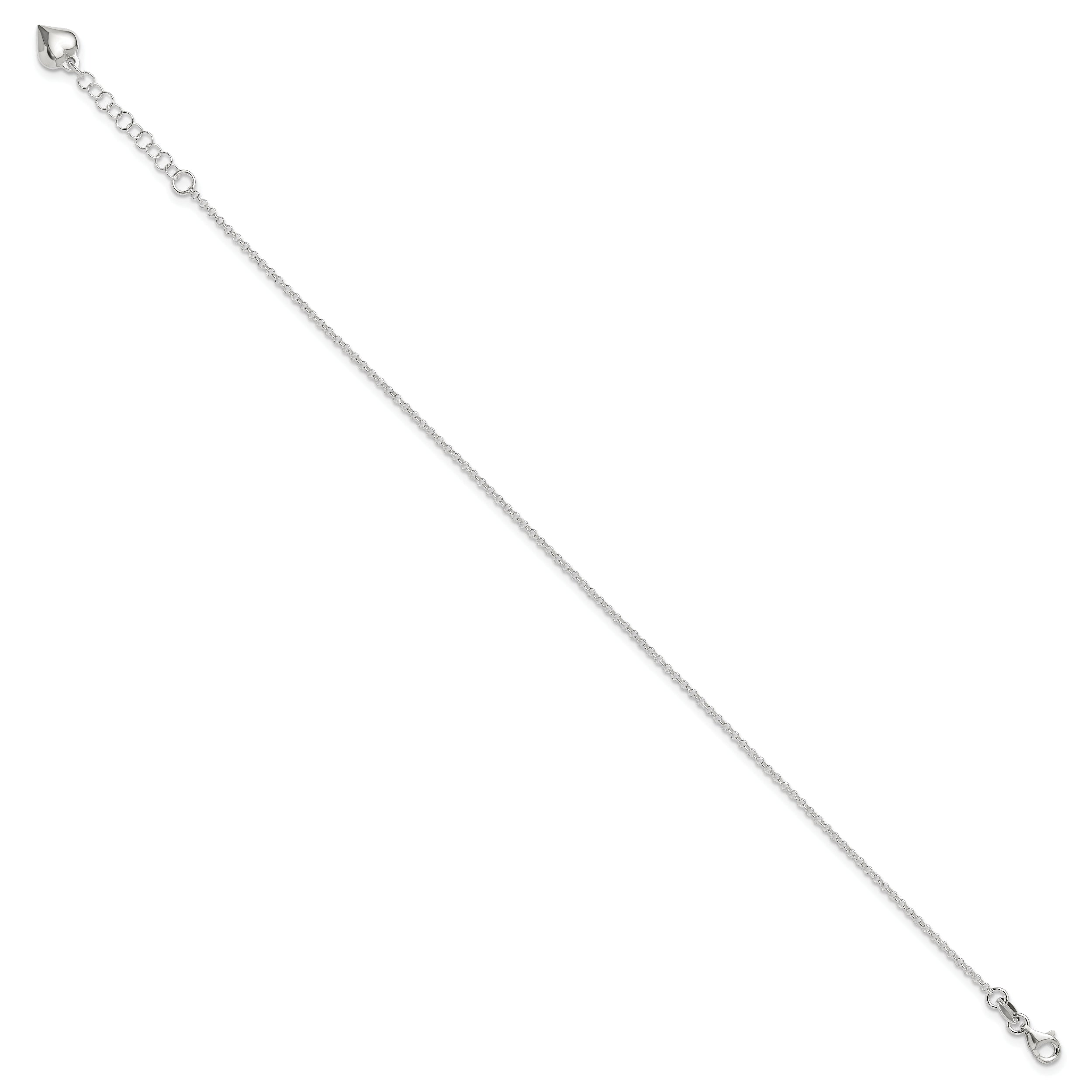 Sterling Silver Polished Heart 9in Plus 1in Ext. Anklet