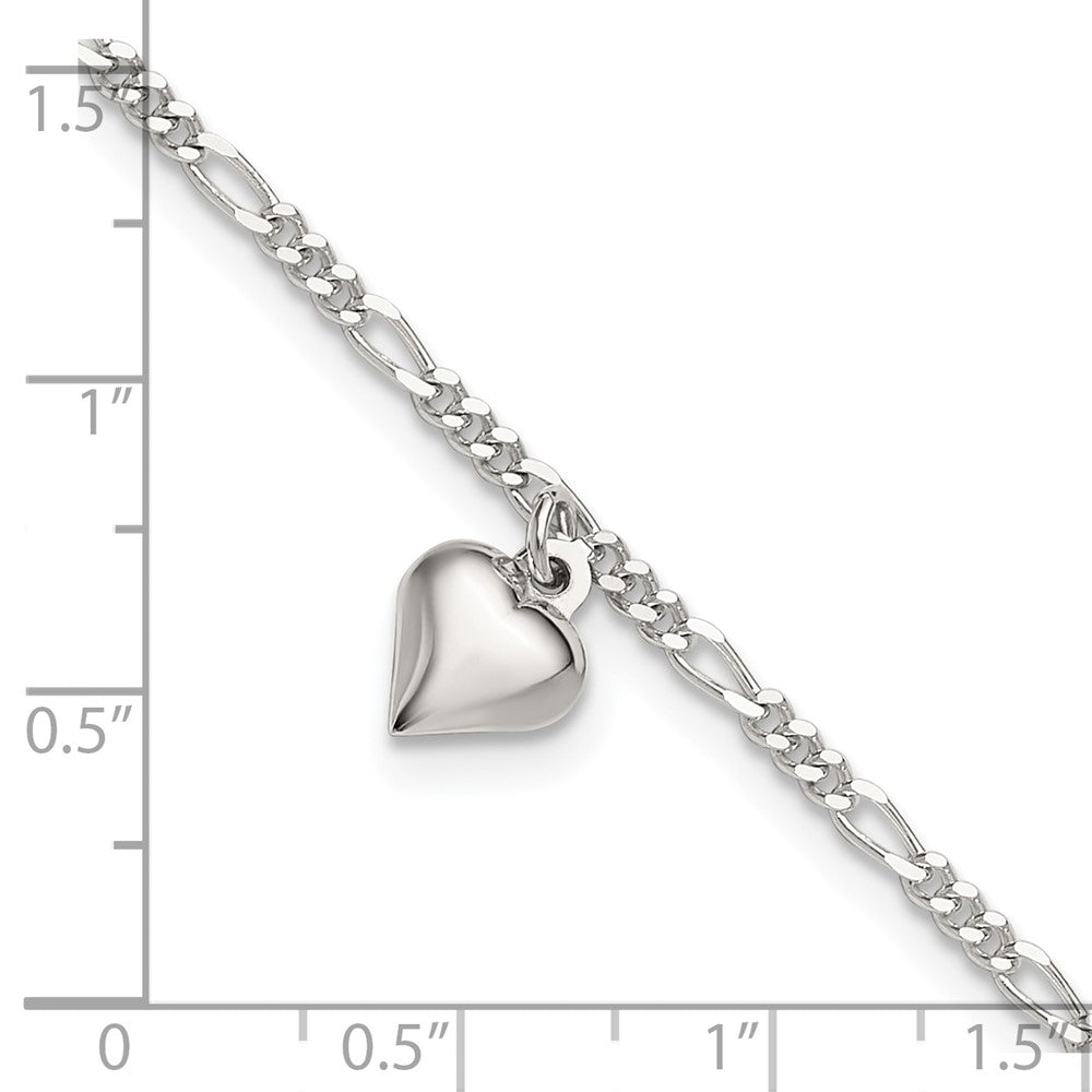Sterling Silver Polished Heart 9 in Plus 1in ext. Anklet