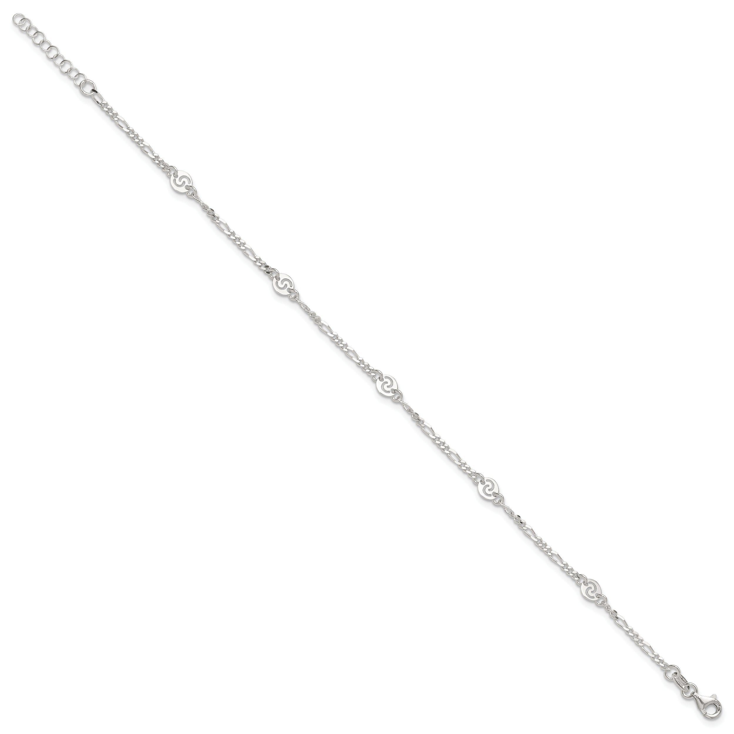 Sterling Silver Polished Swirl Disc 9in Plus 1in ext. Anklet