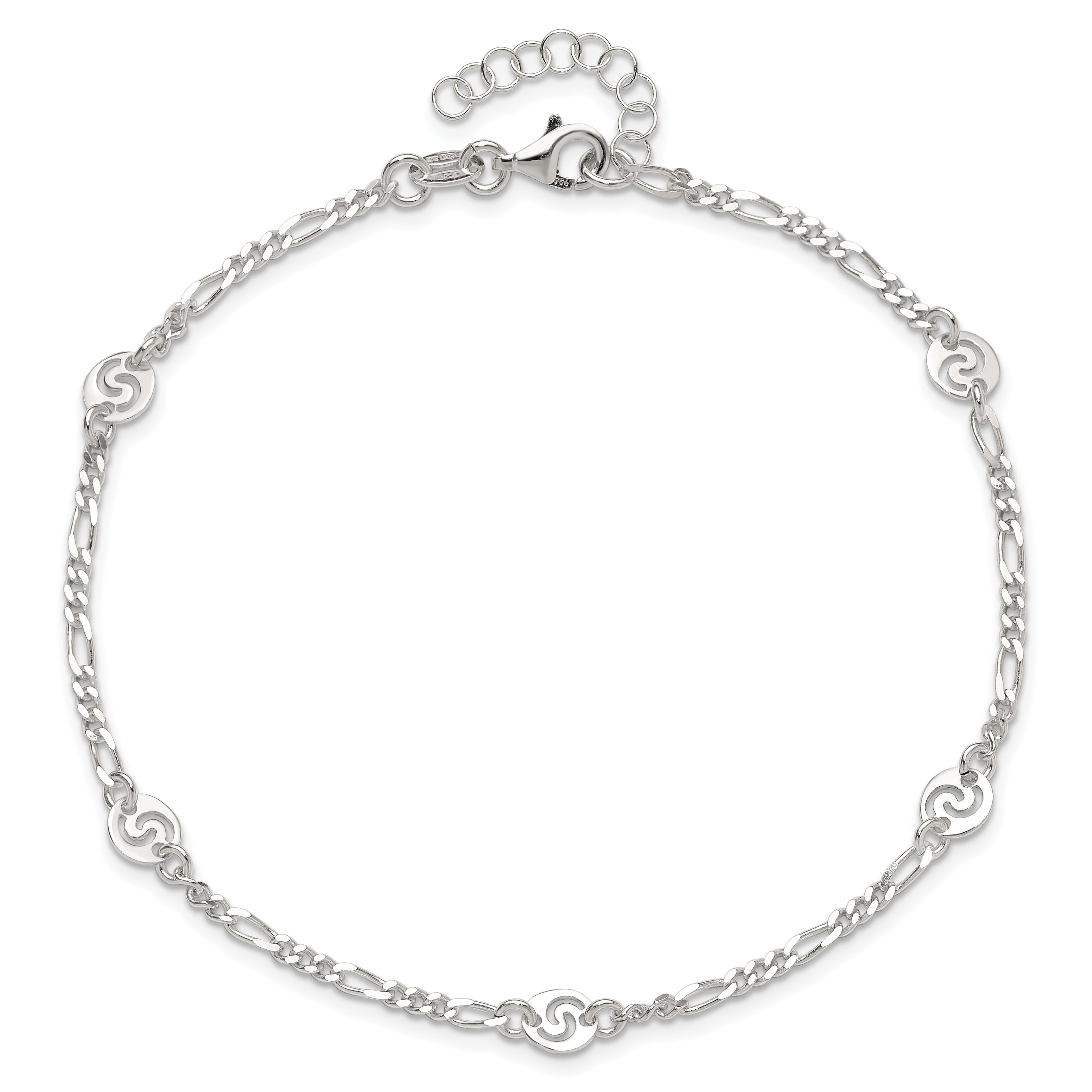 Sterling Silver Polished Swirl Disc 9in Plus 1in ext. Anklet