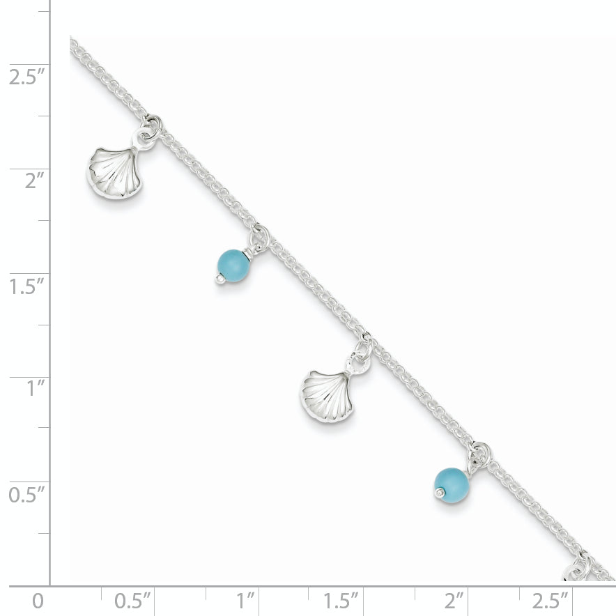 Sterling Silver Polished Shell and Turquoise 9in Plus 1in Ext. Anklet