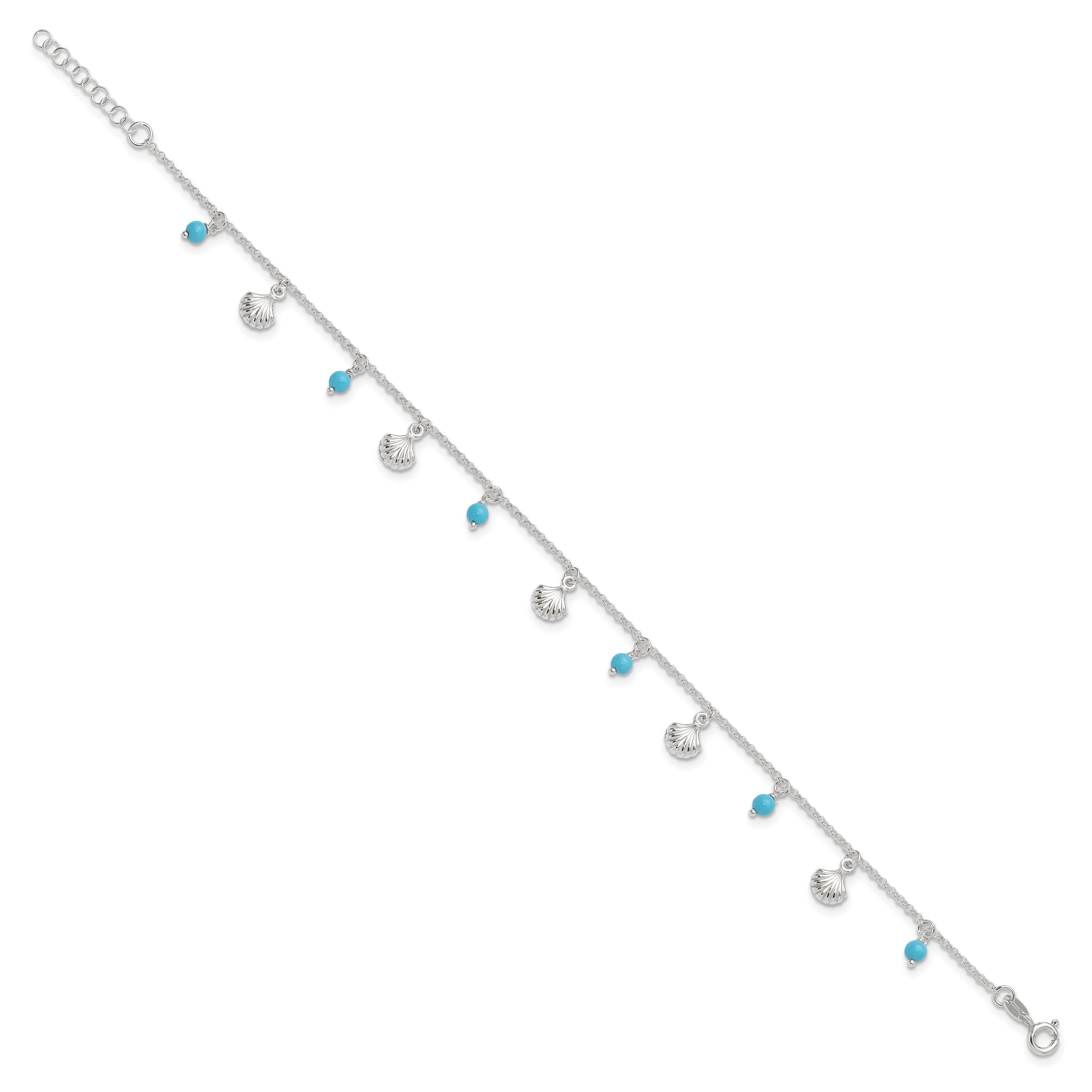 Sterling Silver Polished Shell and Turquoise 9in Plus 1in Ext. Anklet