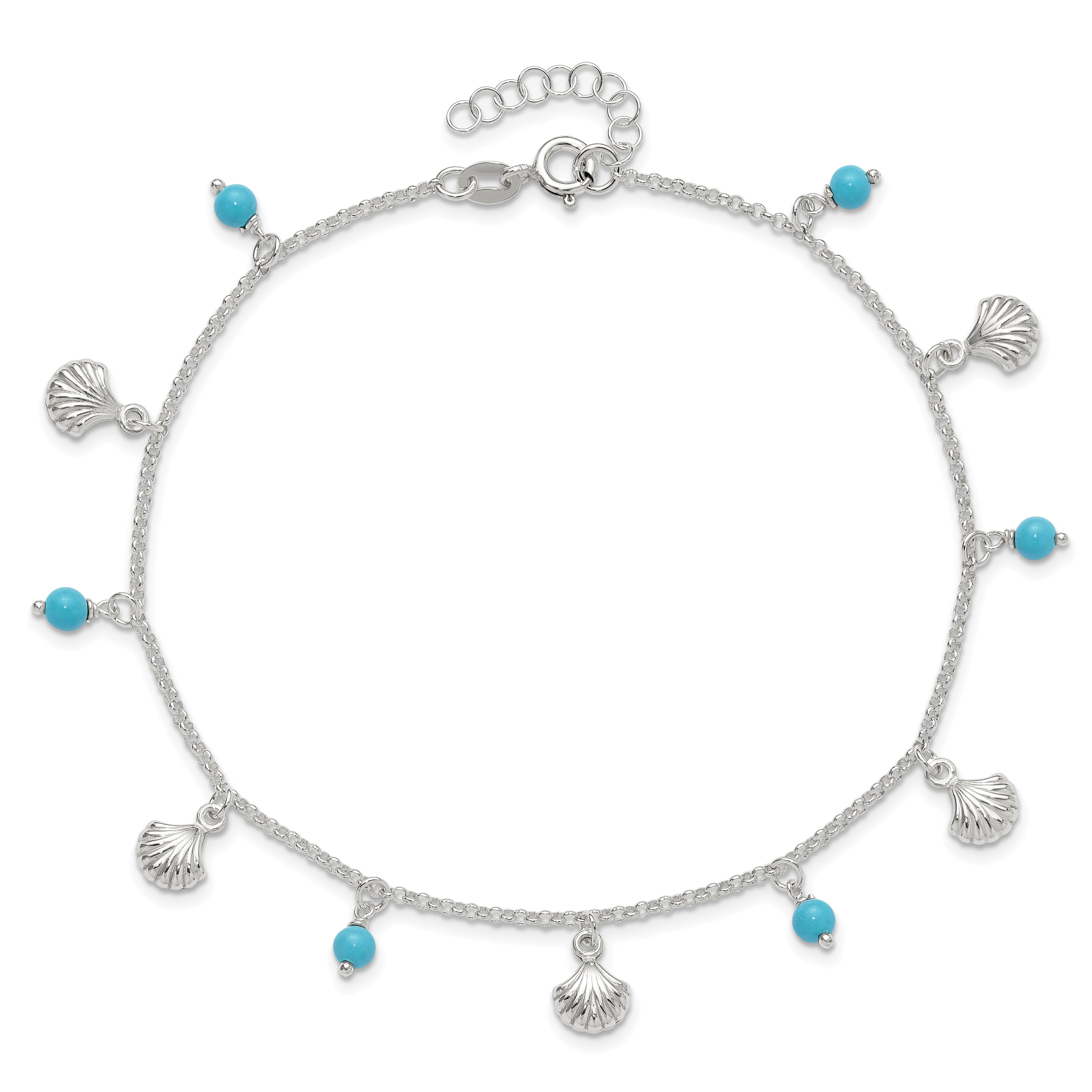 Sterling Silver Polished Shell and Turquoise 9in Plus 1in Ext. Anklet