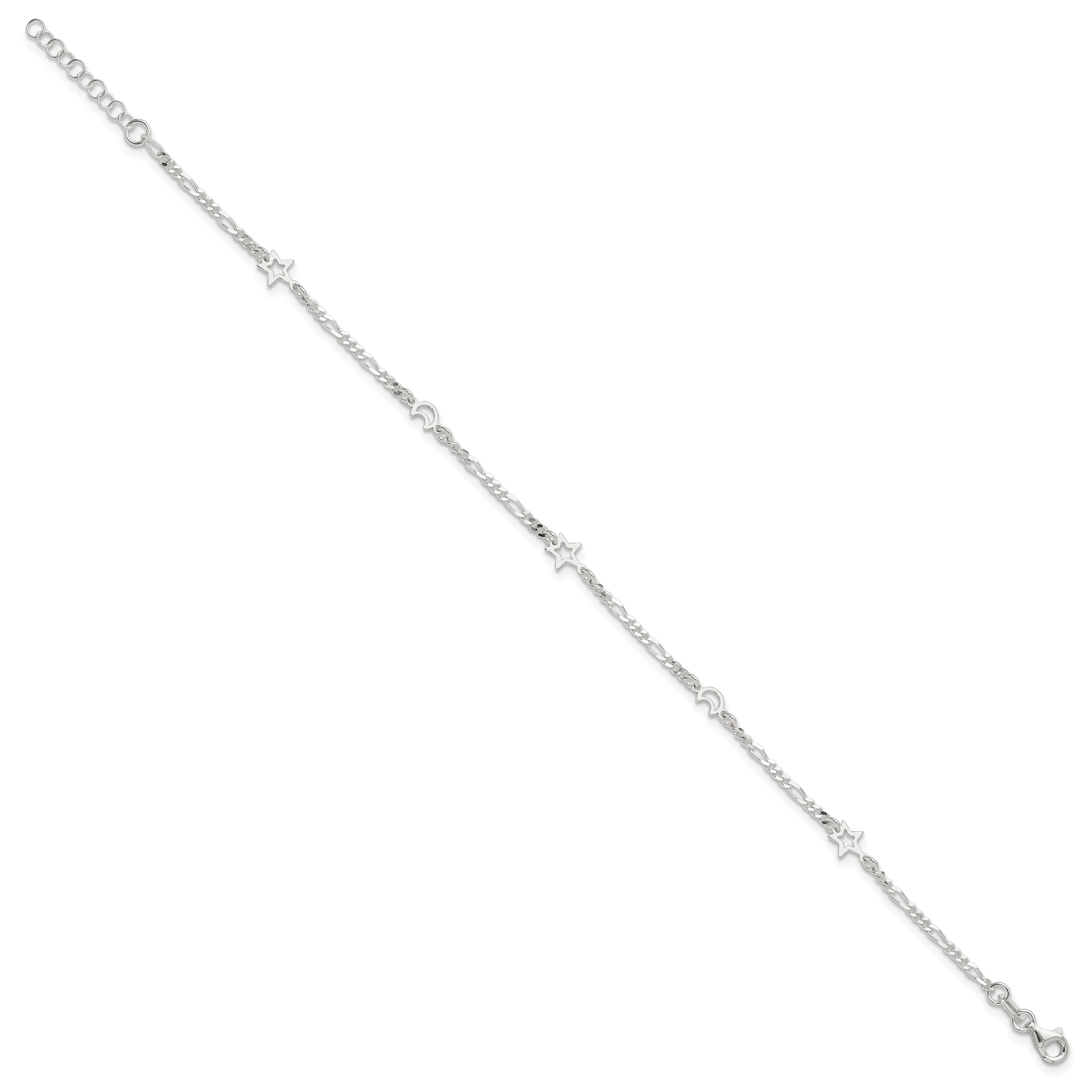 Sterling Silver Polished Moon and Star 9in Plus 1in Ext. Anklet
