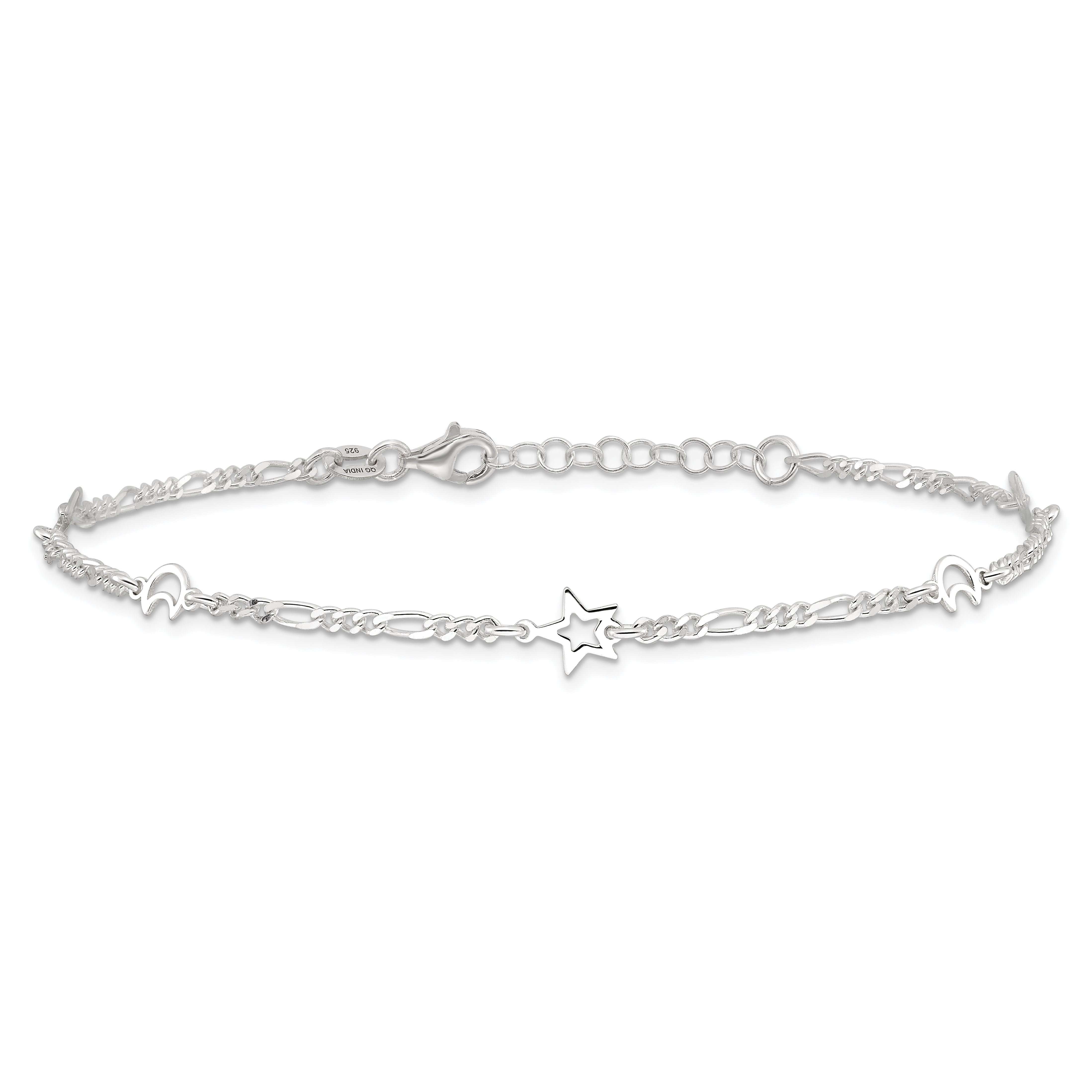 Sterling Silver Polished Moon and Star 9in Plus 1in Ext. Anklet