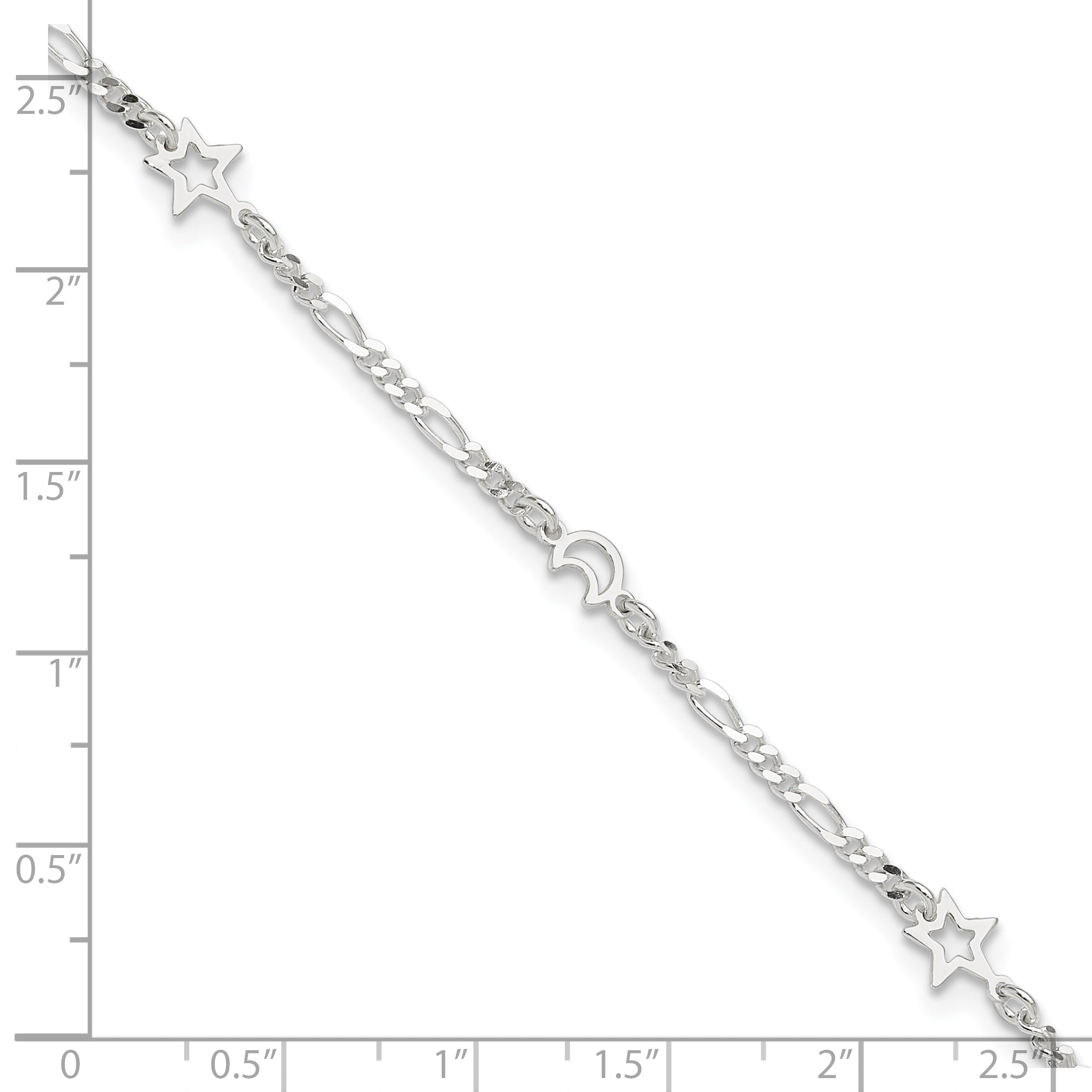Sterling Silver Polished Moon and Star 9in Plus 1in Ext. Anklet