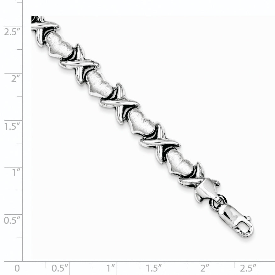 Sterling Silver Rhodium Polished and Brushed X's and Hearts Bracelet