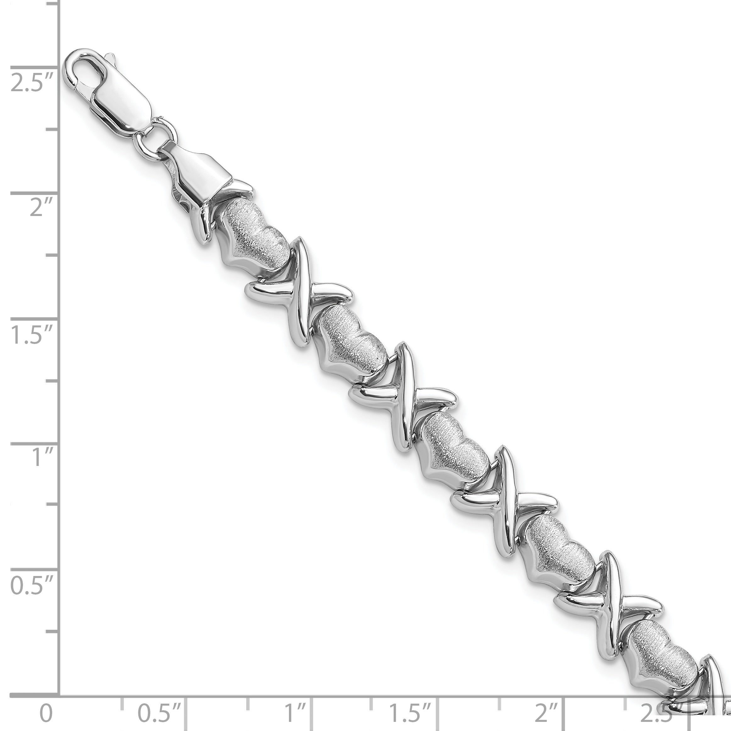 Sterling Silver Rhodium Polished and Brushed X's and Hearts Bracelet