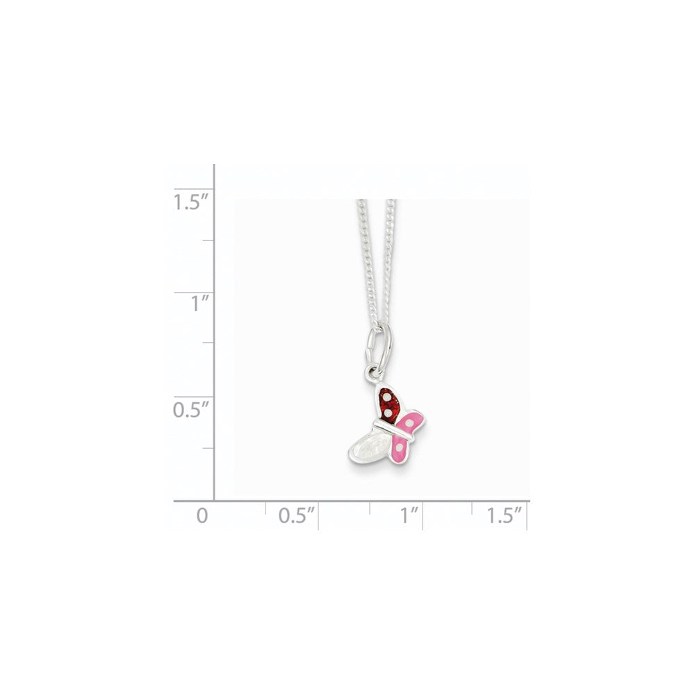 Sterling Silver Polished Pink, Red and White Enameled Butterfly Children's Necklace