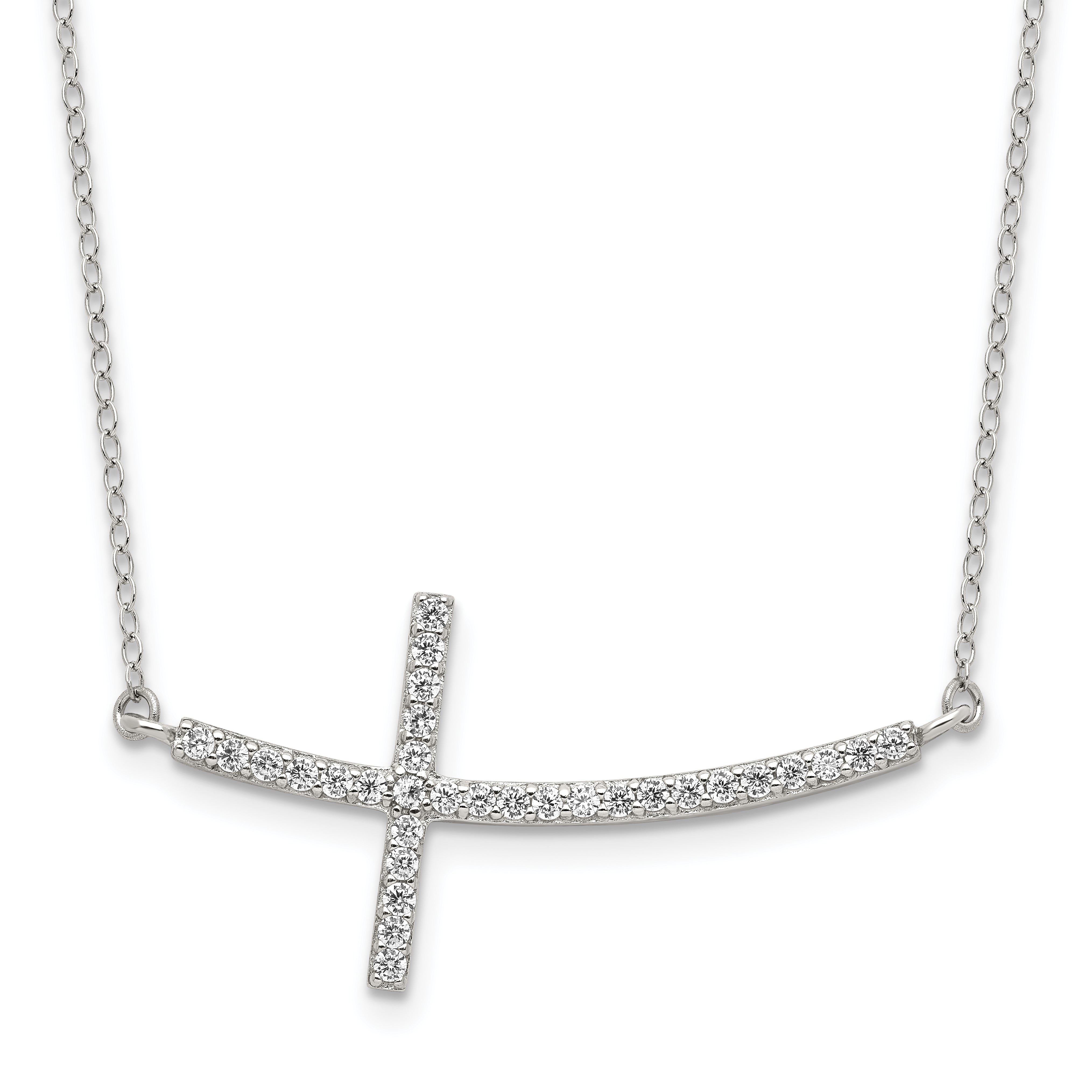 Sterling Silver Rhodium-plated CZ Sideways Cross w/2in Ext Necklace