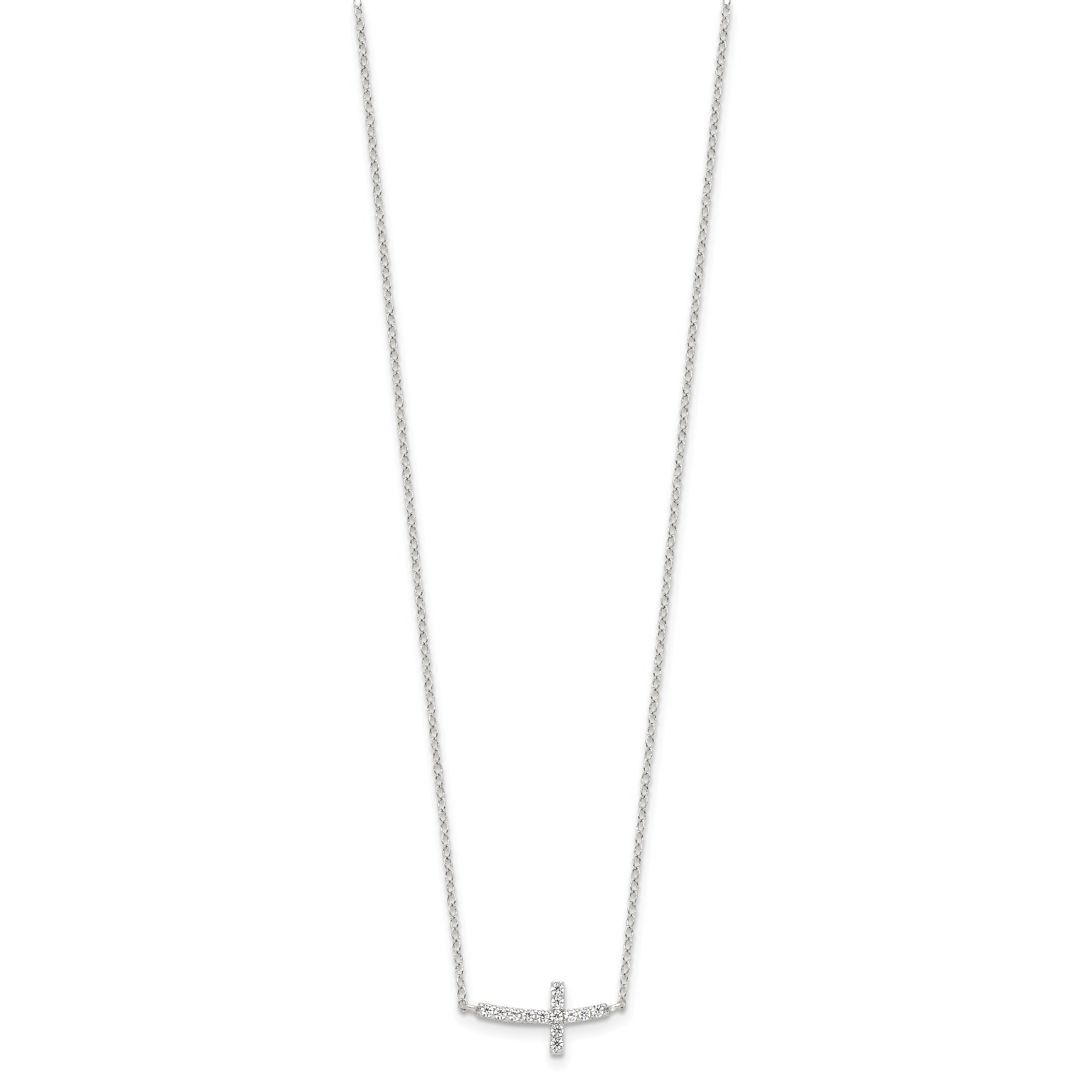 Sterling Silver Rhodium-plated CZ Sideways Cross w/2in Ext Necklace