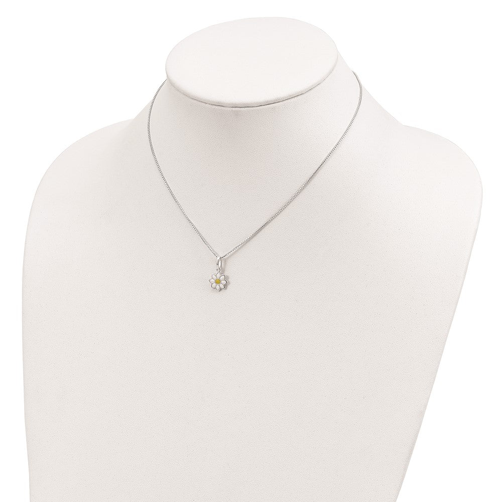 Sterling Silver Polished Yellow & White Enamel Flower Children's Necklace