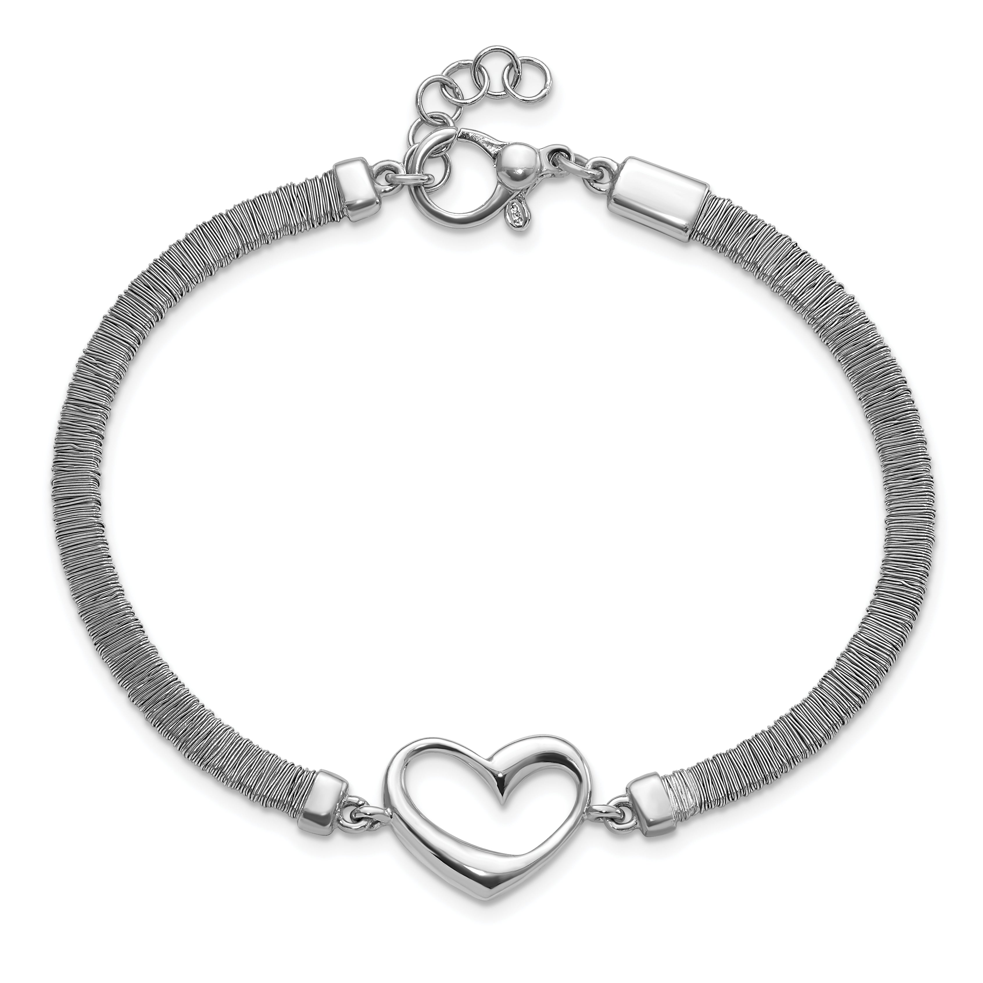 Sterling Silver Polished Wire Wrapped Texture Heart w/ .75in Ext Bracelet