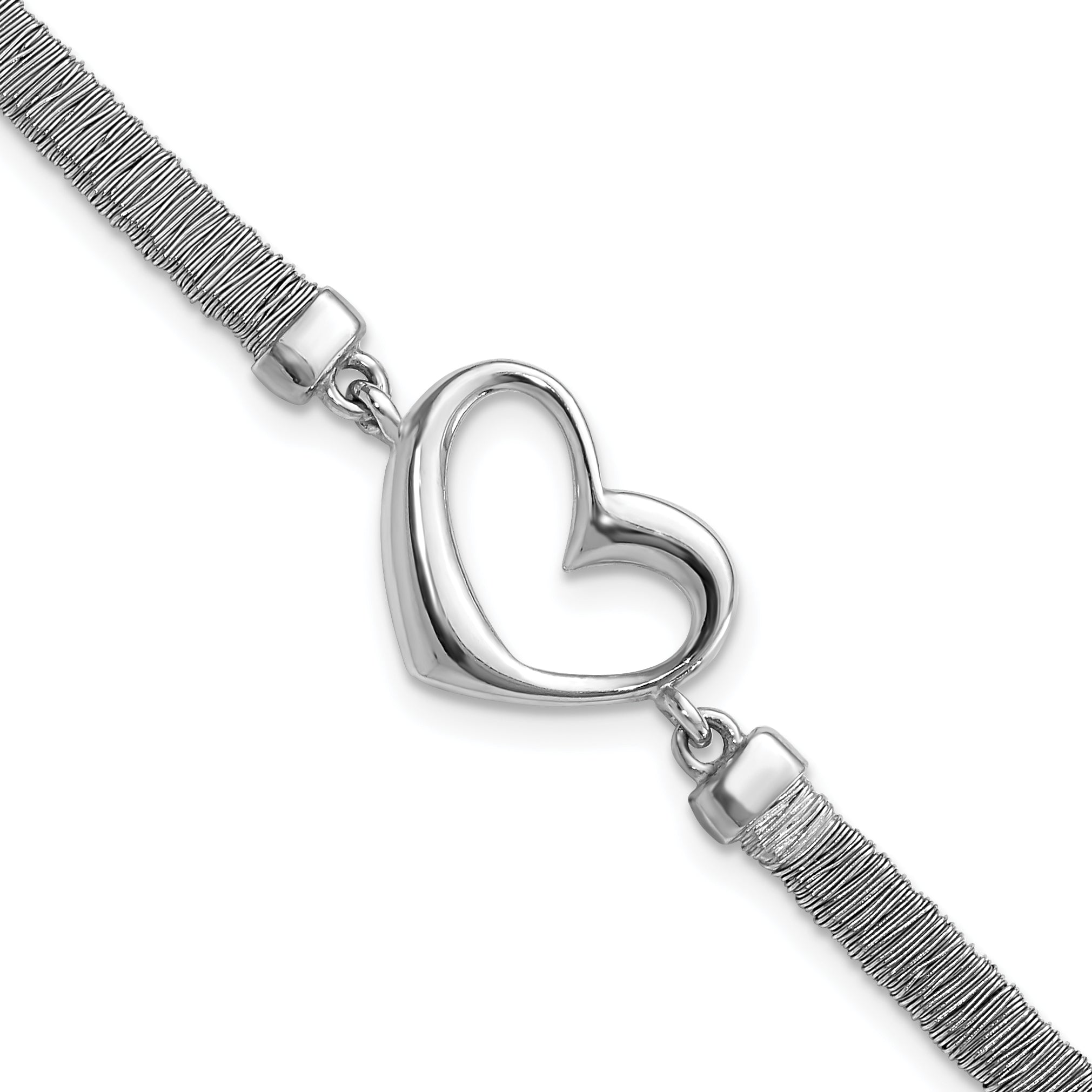 Sterling Silver Polished Wire Wrapped Texture Heart w/ .75in Ext Bracelet