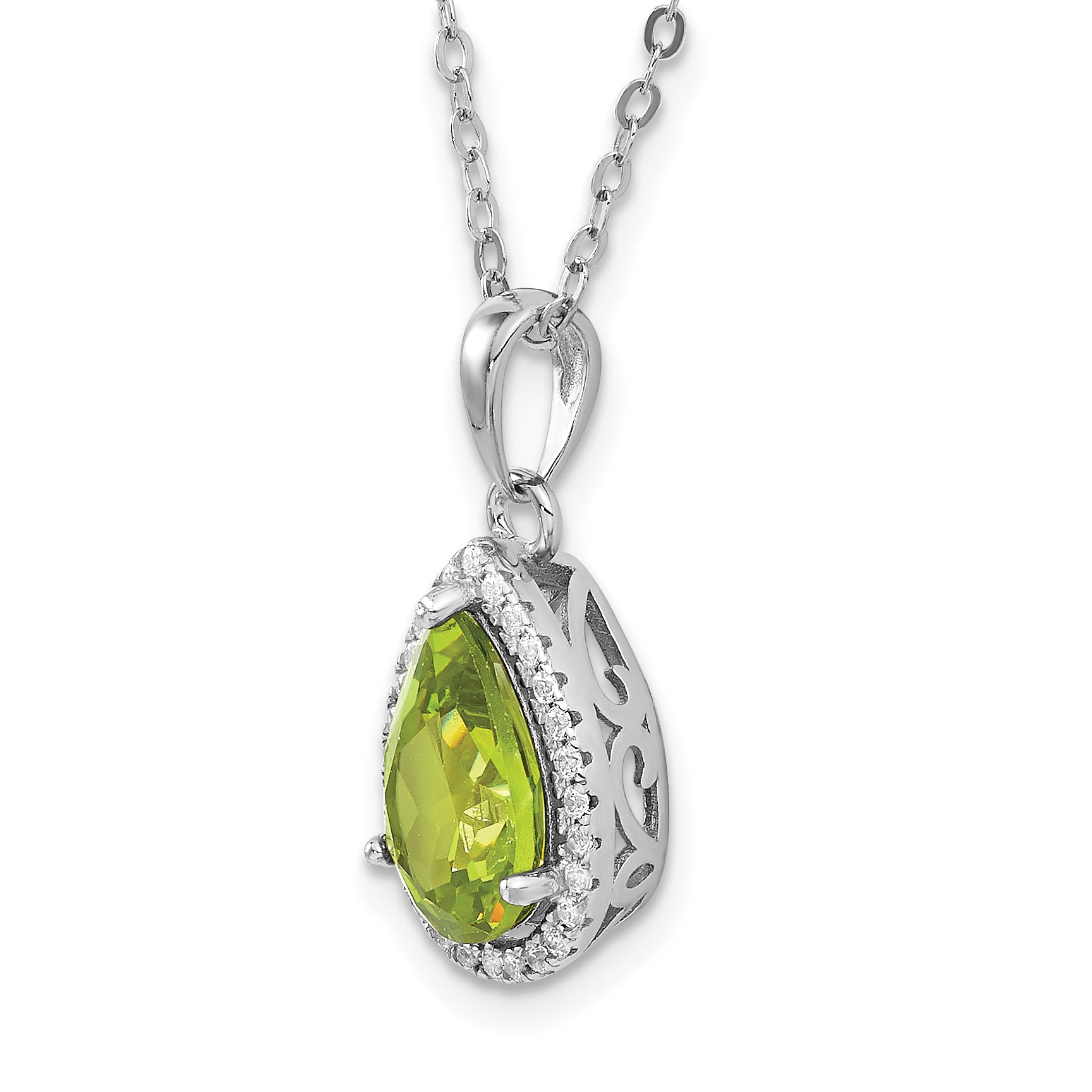 Sterling Silver Rhodium Polished Simulated Peridot & CZ Necklace