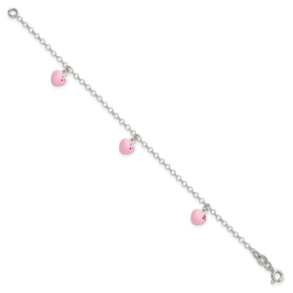 Sterling Silver Polished Pink Enameled Hearts Children's Bracelet