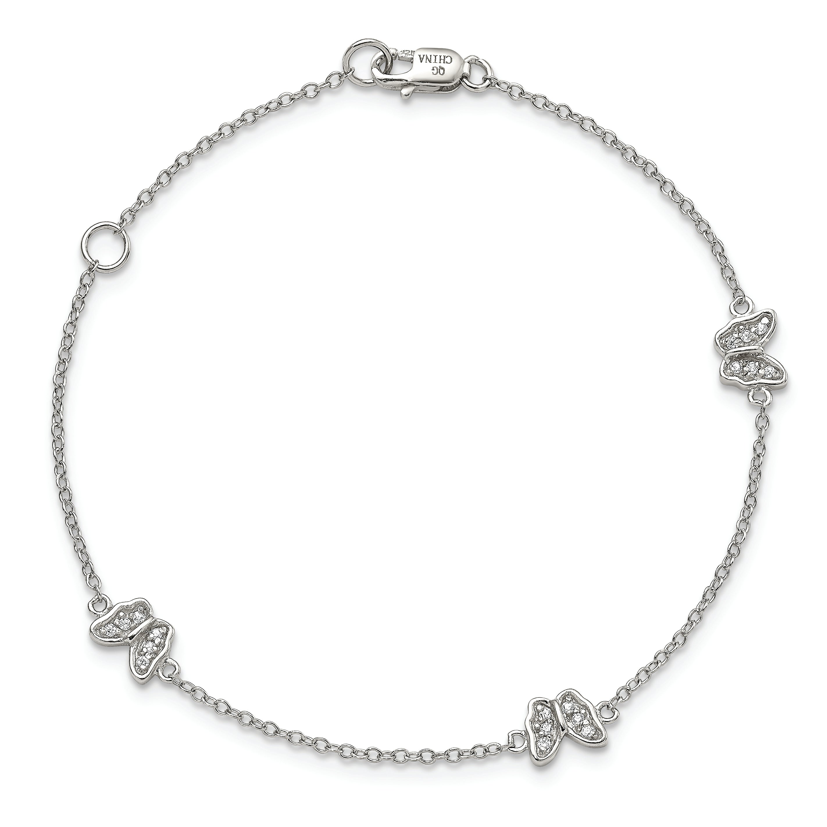 Sterling Silver Rhodium-plated Polished CZ Butterflies 6 inch Bracelet with 1 inch extension