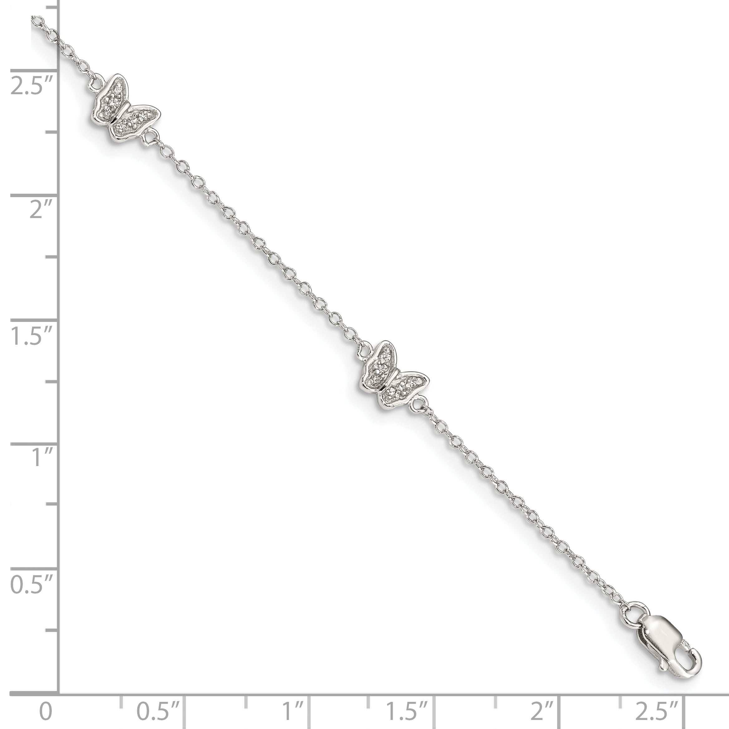 Sterling Silver Rhodium-plated Polished CZ Butterflies 6 inch Bracelet with 1 inch extension