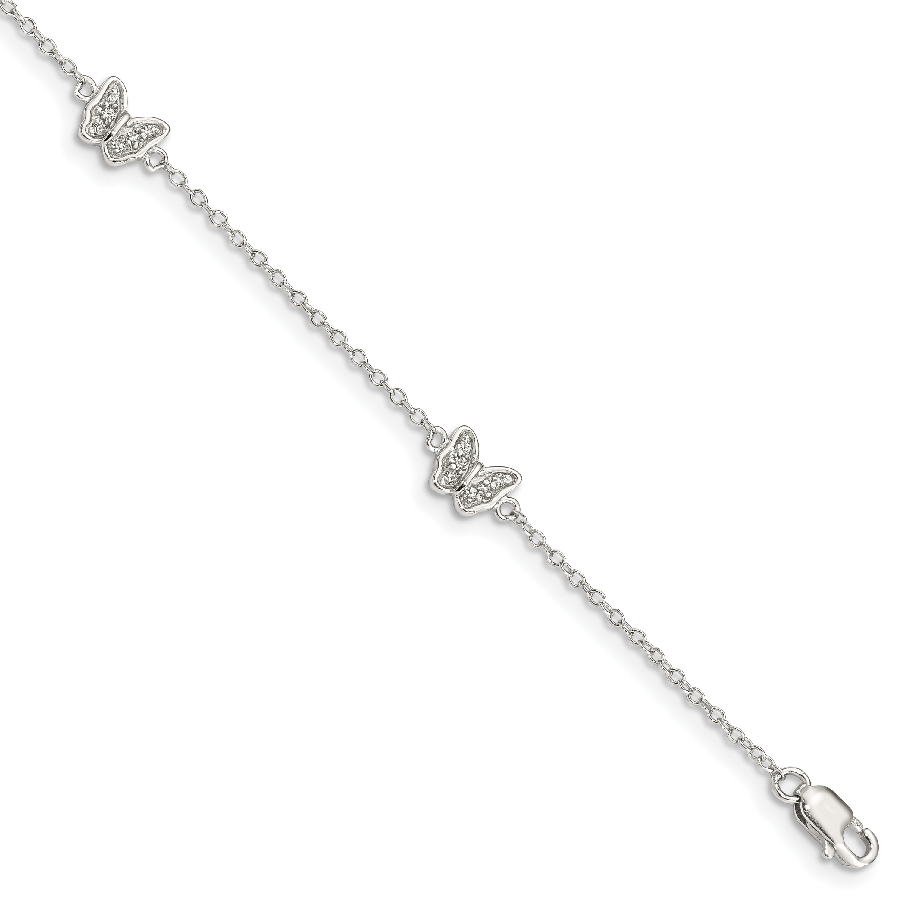 Sterling Silver Rhodium-plated Polished CZ Butterflies 6 inch Bracelet with 1 inch extension