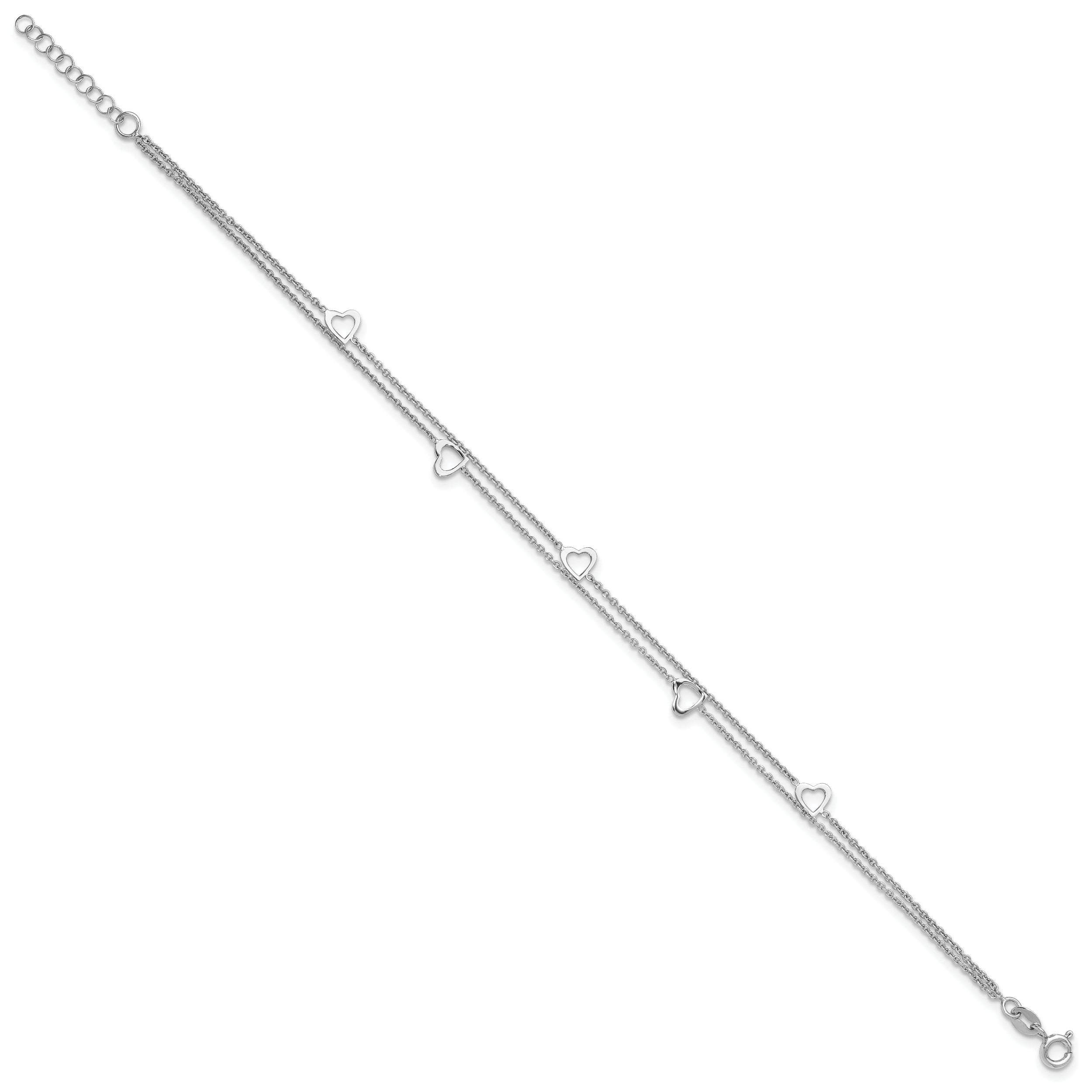 Sterling Silver Rhodium-plated 2-Strand 9 in Plus 1in ext. Heart Anklet