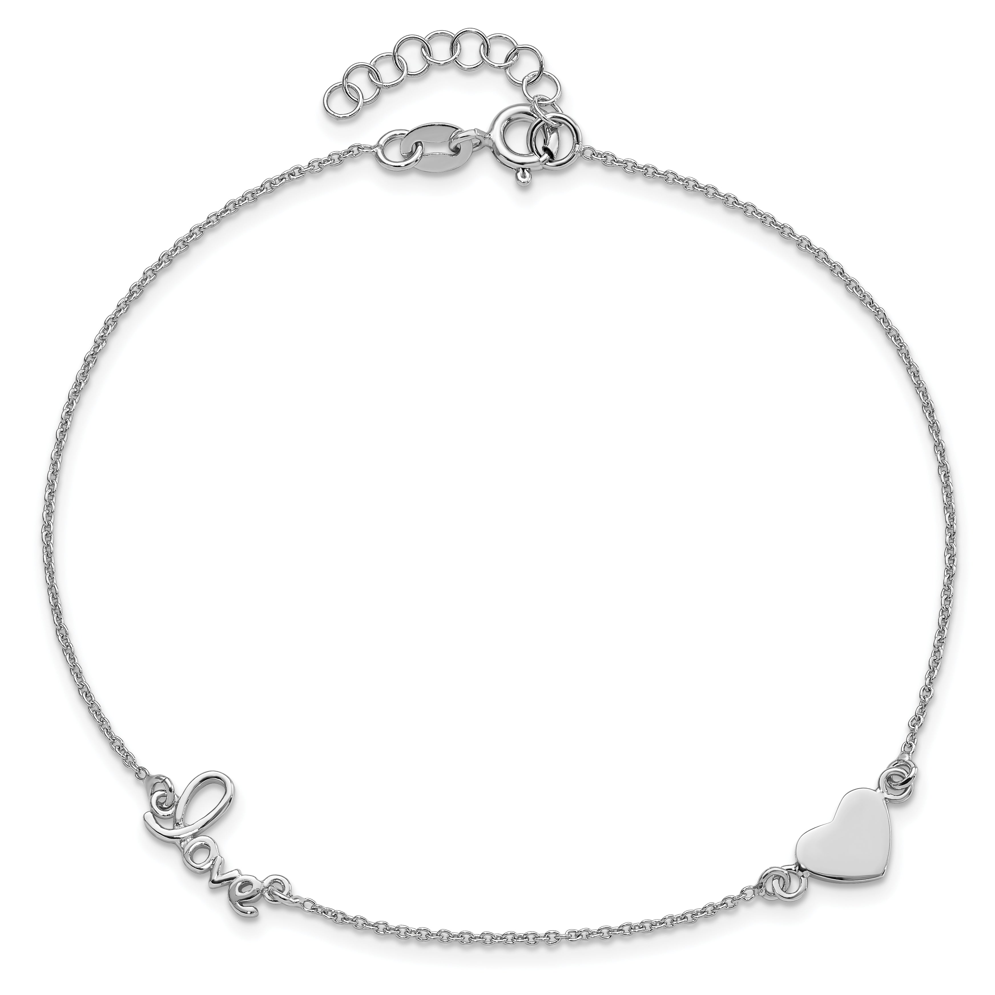 Sterling Silver Rhodium-plated Heart and LOVE 9in Plus 1in ext. Anklet