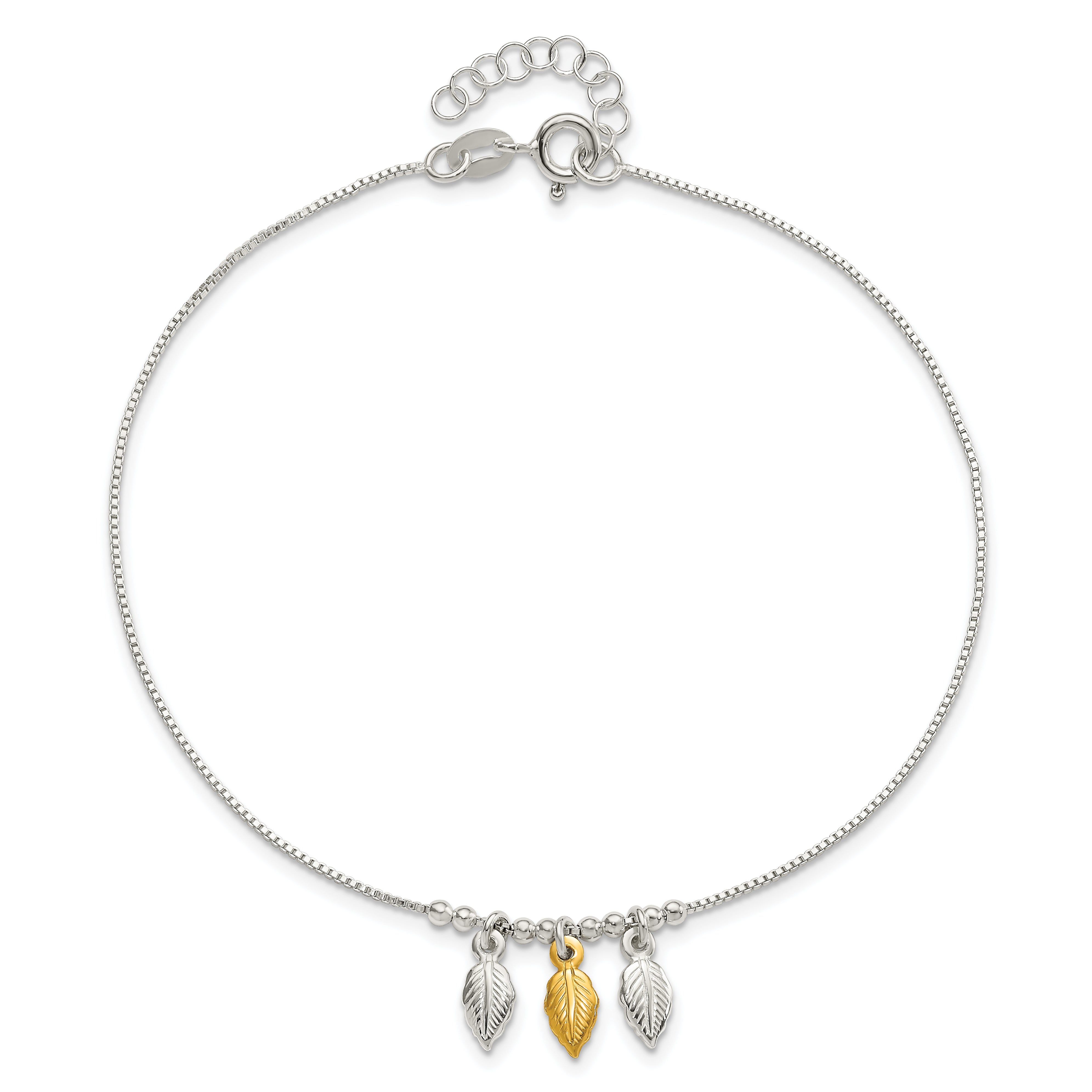 Sterling Silver Gold-tone Polished Feather 9in w/1in ext Anklet