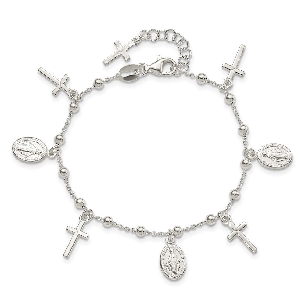Sterling Silver Polished w/1in ext Cross Miraculous Medal Bracelet