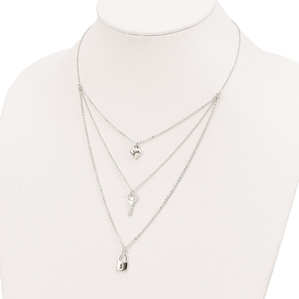 Sterling Silver Lock, Heart and Key Multi-Strand 16in Necklace