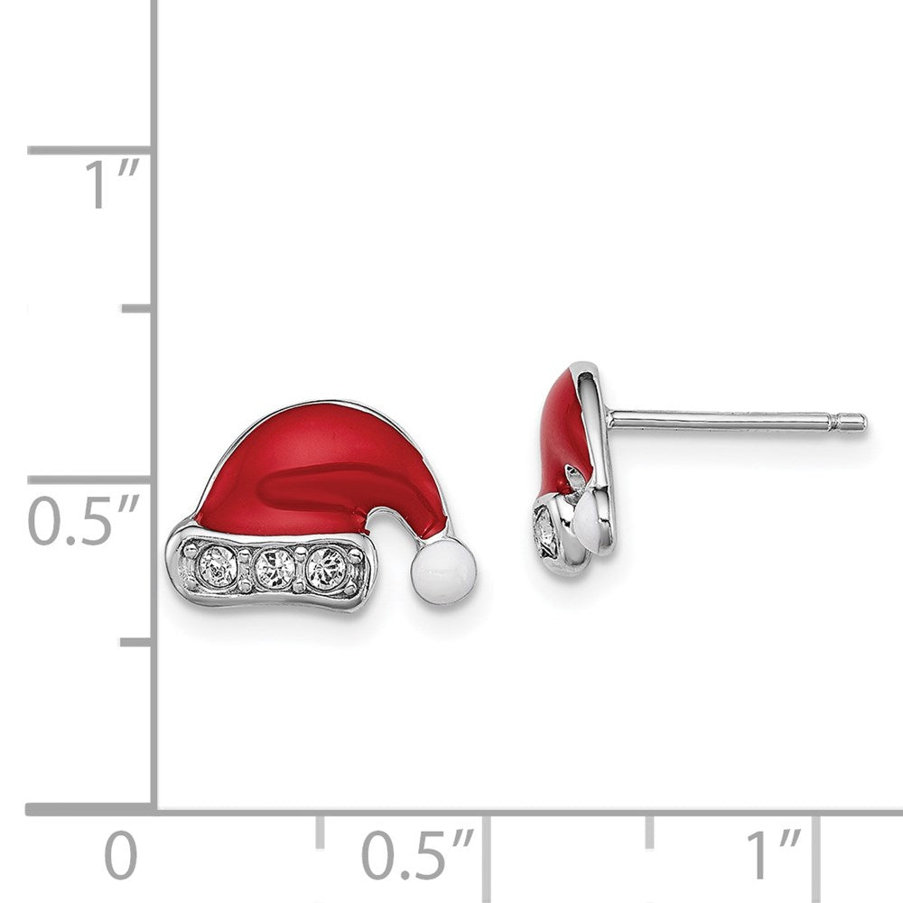 Sterling Silver Madi K Rhodium-plated Polished Red & White Enameled & Crystal Santa Hat Children's Post Earrings